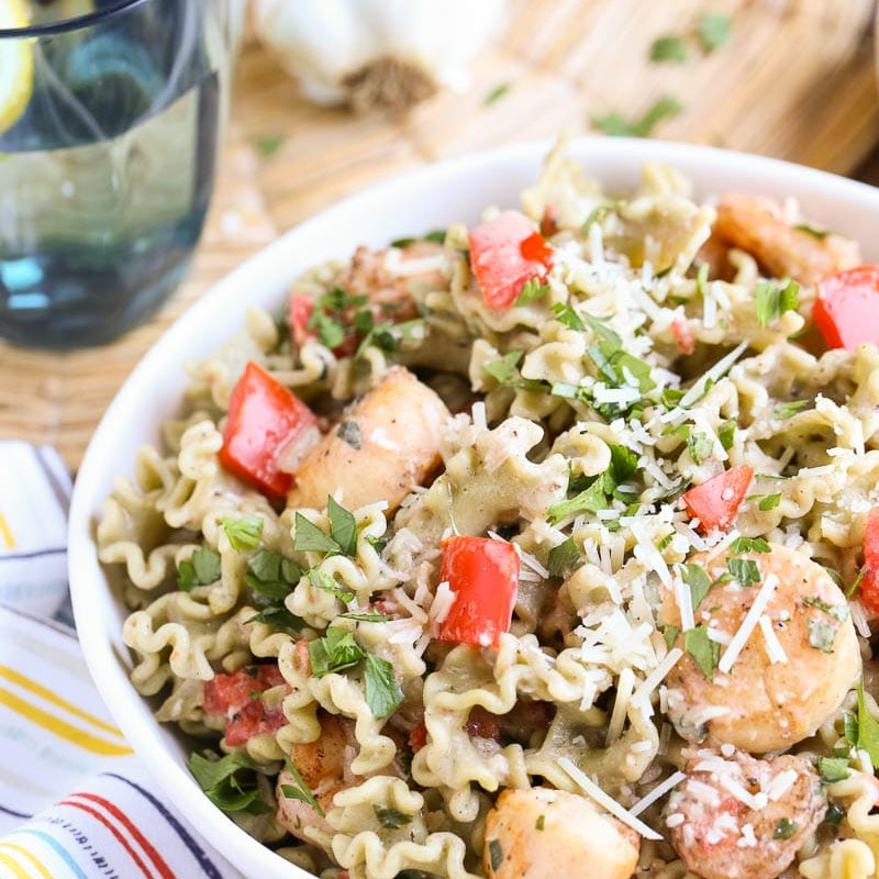 Spinach Basil Garlic Pasta Ruffles with Light Creamy Seafood - World of Pastabilities