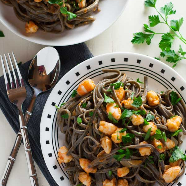 Squid Ink Pasta with Shrimp and Tomatoes - World of Pastabilities