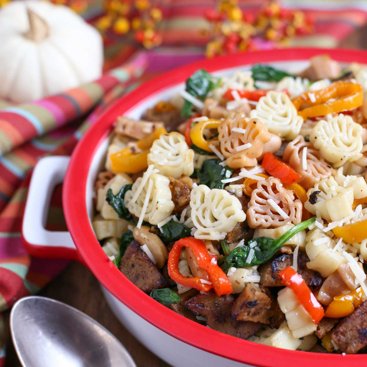 Veggie Sausage and Sweet Peppers with "Turkey" Shaped Pasta - World of Pastabilities