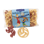Front view of 14 oz Volleyball Pasta bag with blue Pastabilities label reading Volleyball pasta and red and beige pasta shapes