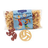 Front view of 14 oz Volleyball Pasta bag with blue Pastabilities label reading Volleyball pasta and red and beige pasta shapes