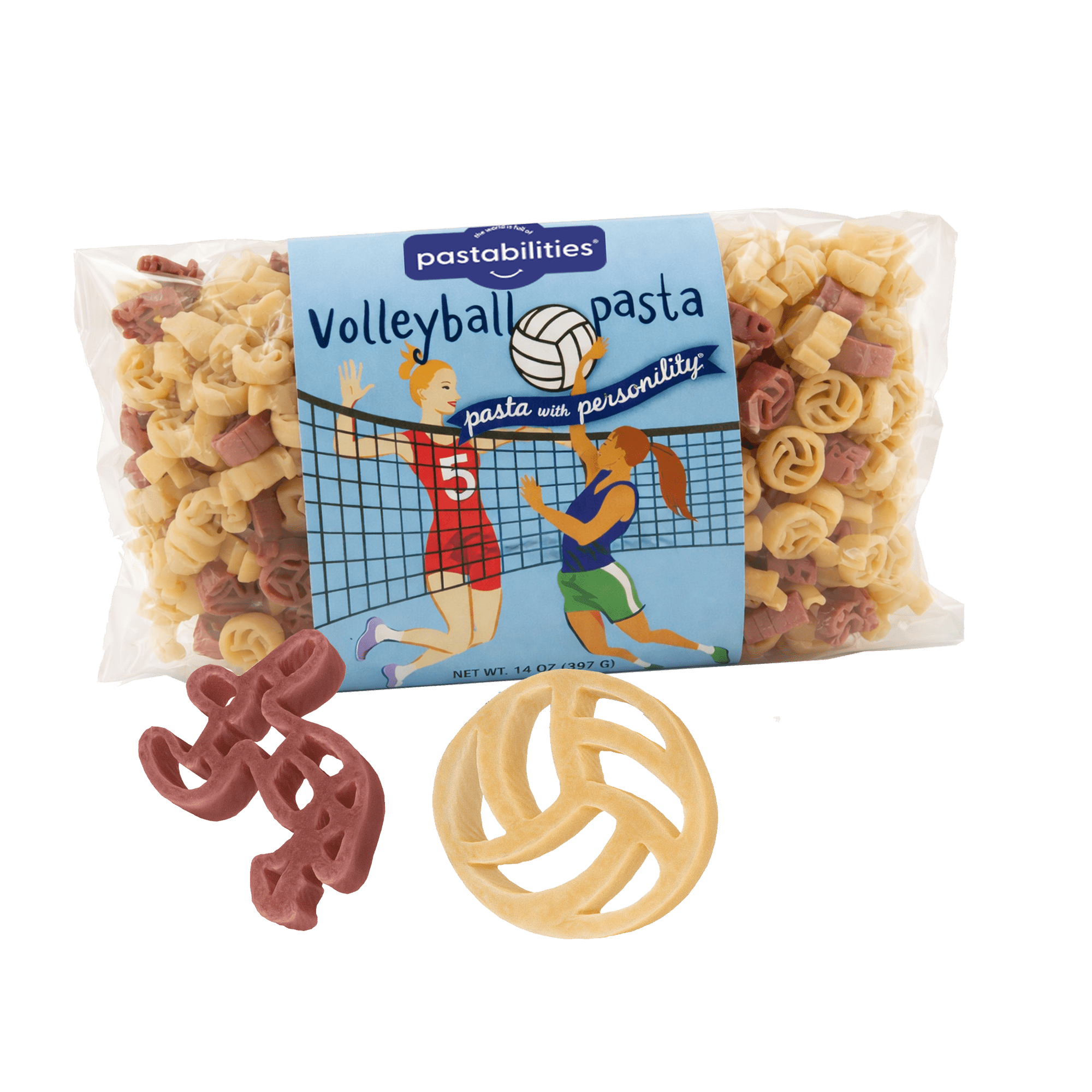Front view of 14 oz Volleyball Pasta bag with blue Pastabilities label reading Volleyball pasta and red and beige pasta shapes