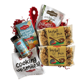Front view of Baseball Pasta bag showcasing baseball-shaped tan and green pasta pieces with product label visible