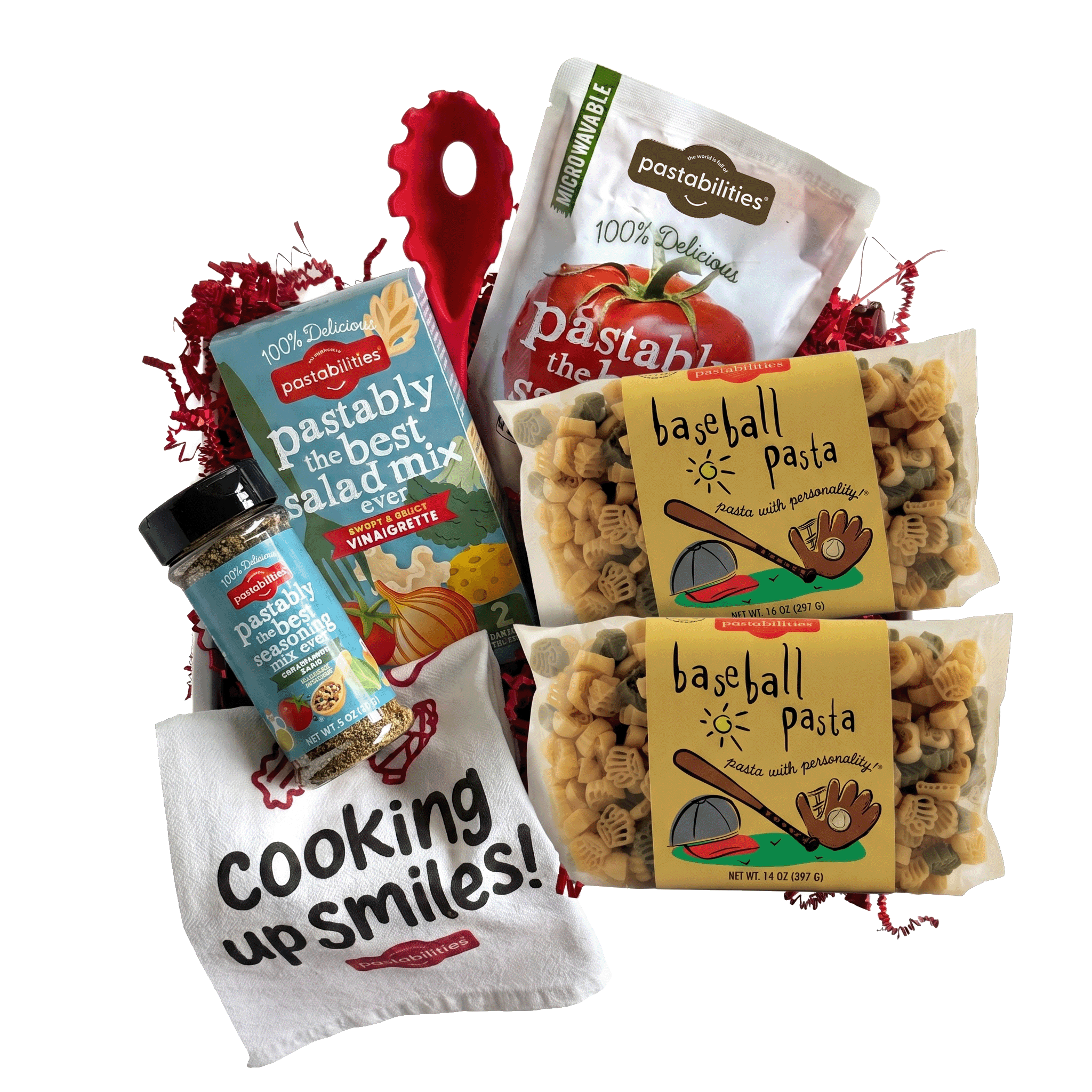 Front view of Baseball Pasta bag showcasing baseball-shaped tan and green pasta pieces with product label visible