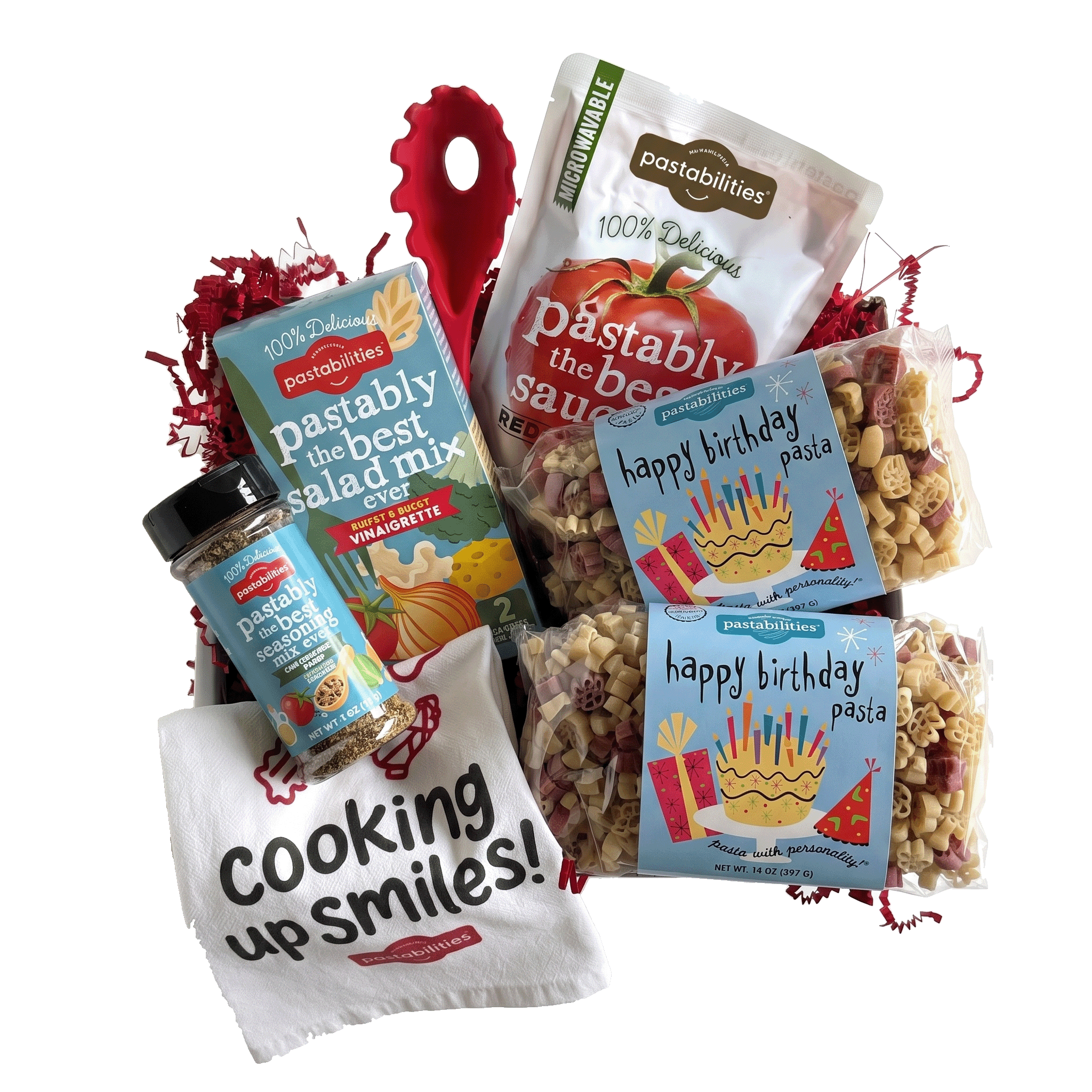 Angled view of Happy Birthday Pasta 14 oz bag showcasing cake- and present-shaped multicolored pasta on white background