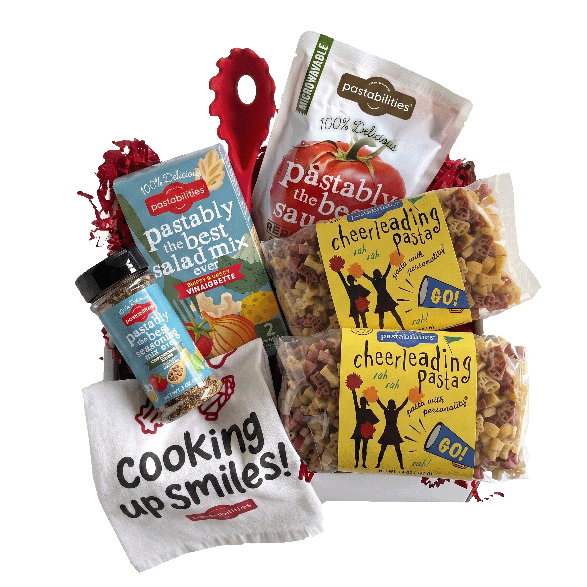 Front view of 14 oz bag of Cheerleading Pasta showcasing yellow label and tri-color cheerleader- and megaphone-shaped pasta on white background