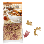 Front view of Pastabilities Classic Chili pasta bag showing 'classic chili' label, bowl of chili photo, 11.25 oz weight and tri-color ruffled pasta