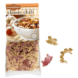 Front view of Pastabilities Classic Chili pasta bag showing 'classic chili' label, bowl of chili photo, 11.25 oz weight and tri-color ruffled pasta
