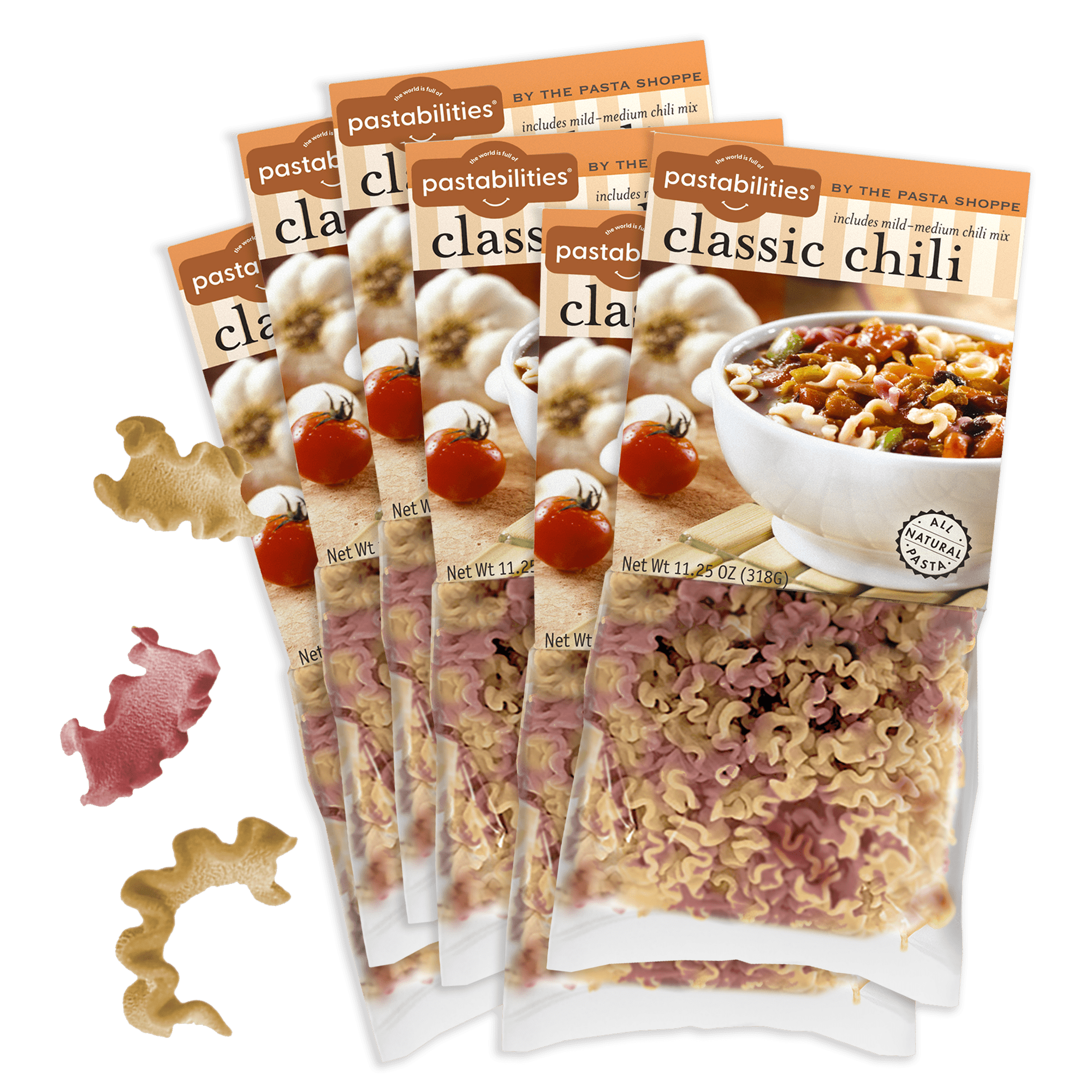 Pastabilities Classic Chili 6-pack, angled view of packaging with bowl of chili and tricolor pasta on green background