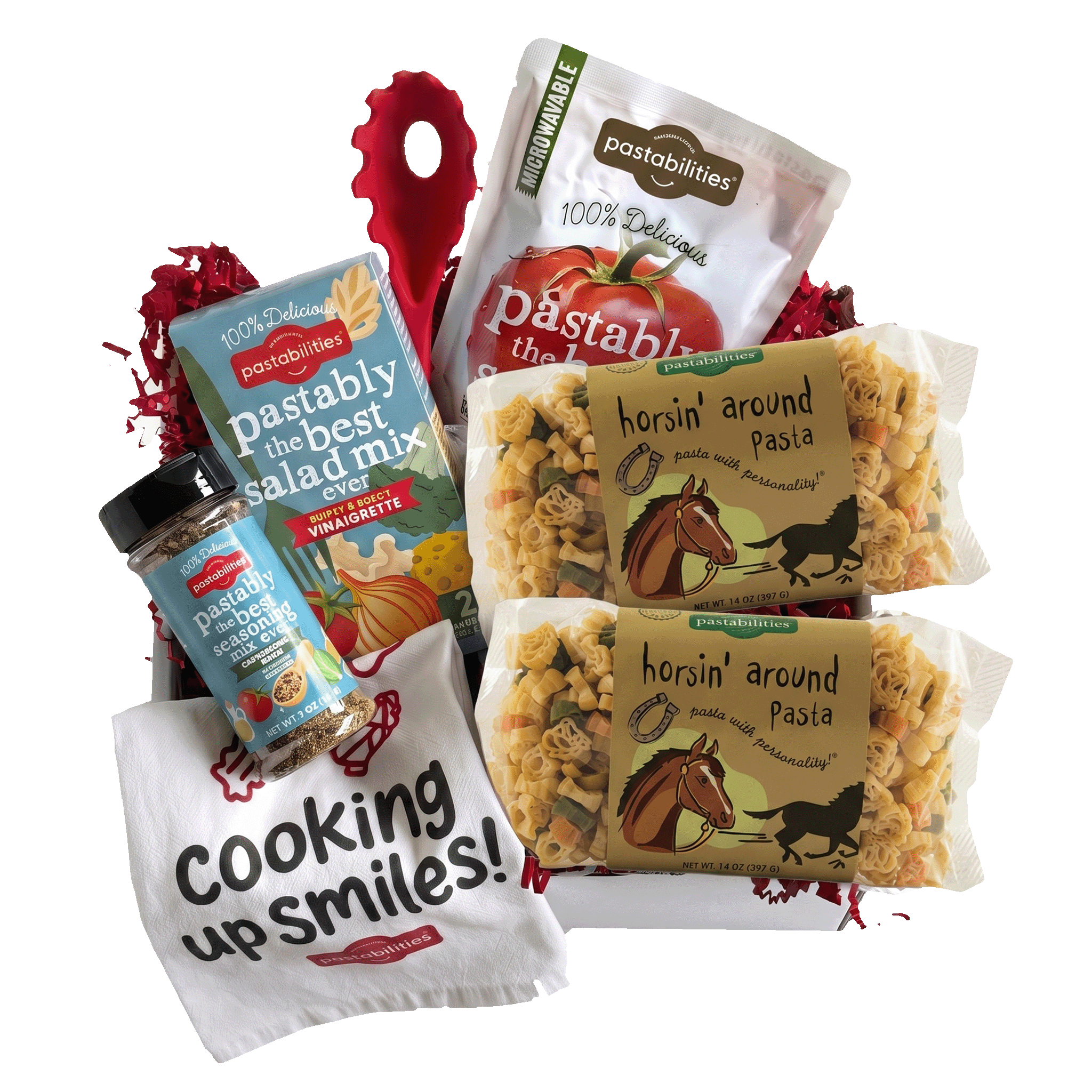 Front view of Horsin’ Around Pasta 14 oz bag showcasing horse-shaped fun pasta and label stating 100% Durum Wheat and Natural Vegetable Powders on white background