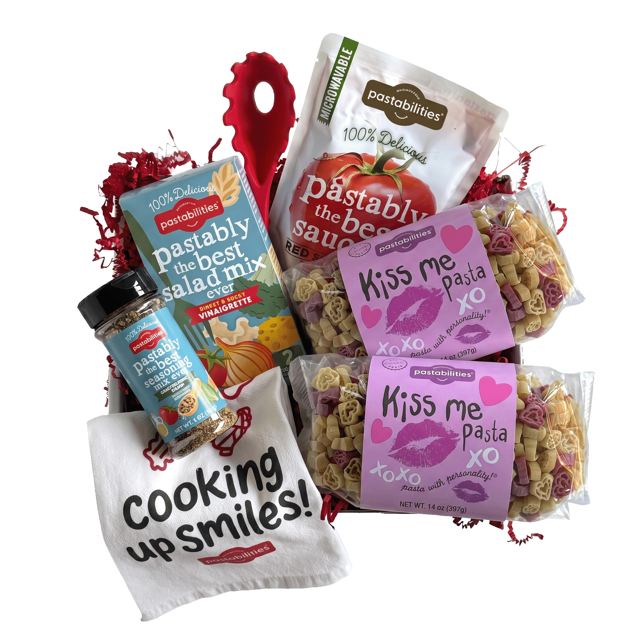 Front view of Kiss Me Pasta bag showcasing heart- and kiss-shaped multicolor pasta with pink label on white background