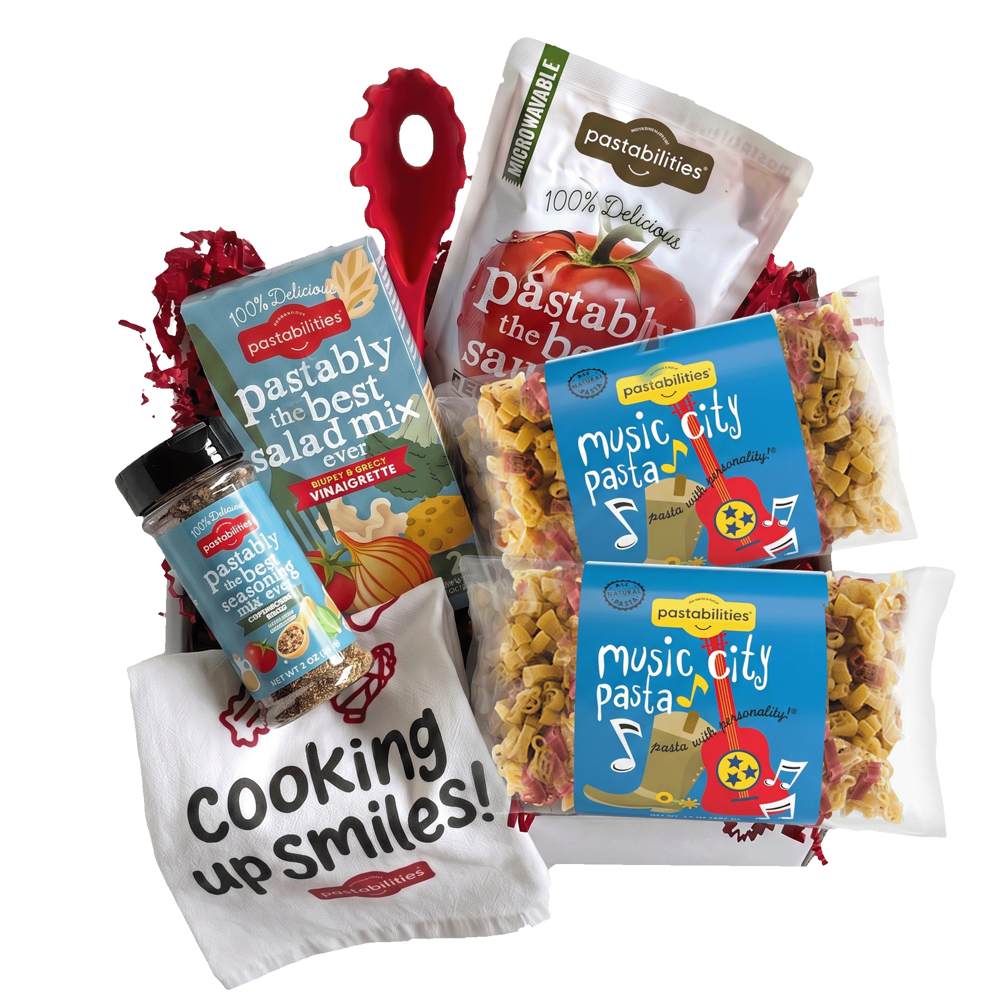 Front of 14 oz Music City Pasta bag showing blue Pastabilities label and red and yellow music-shaped pasta