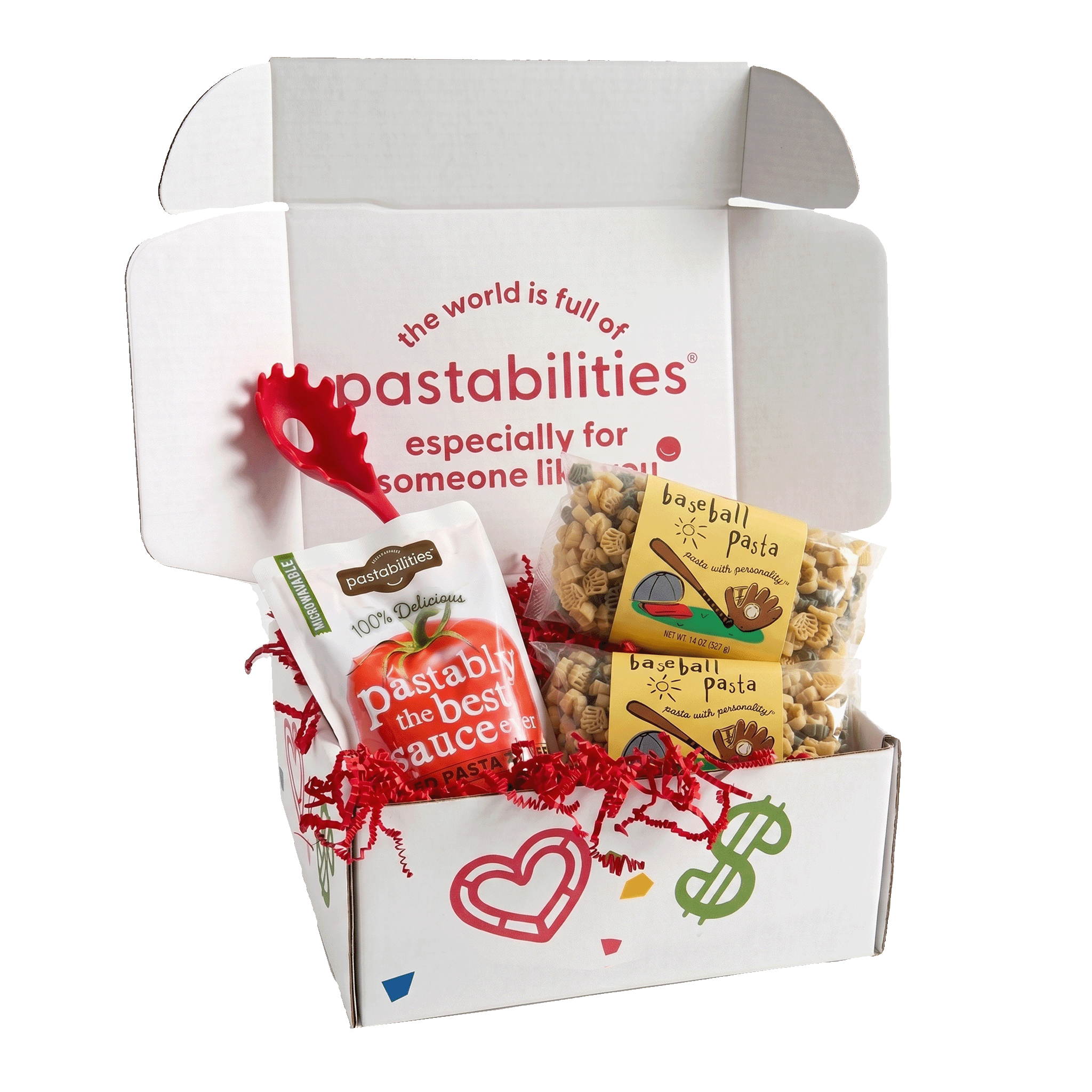 Front view of Baseball Pasta two-pack showcasing labeled 14 oz bags and tan baseball-shaped pasta on white background