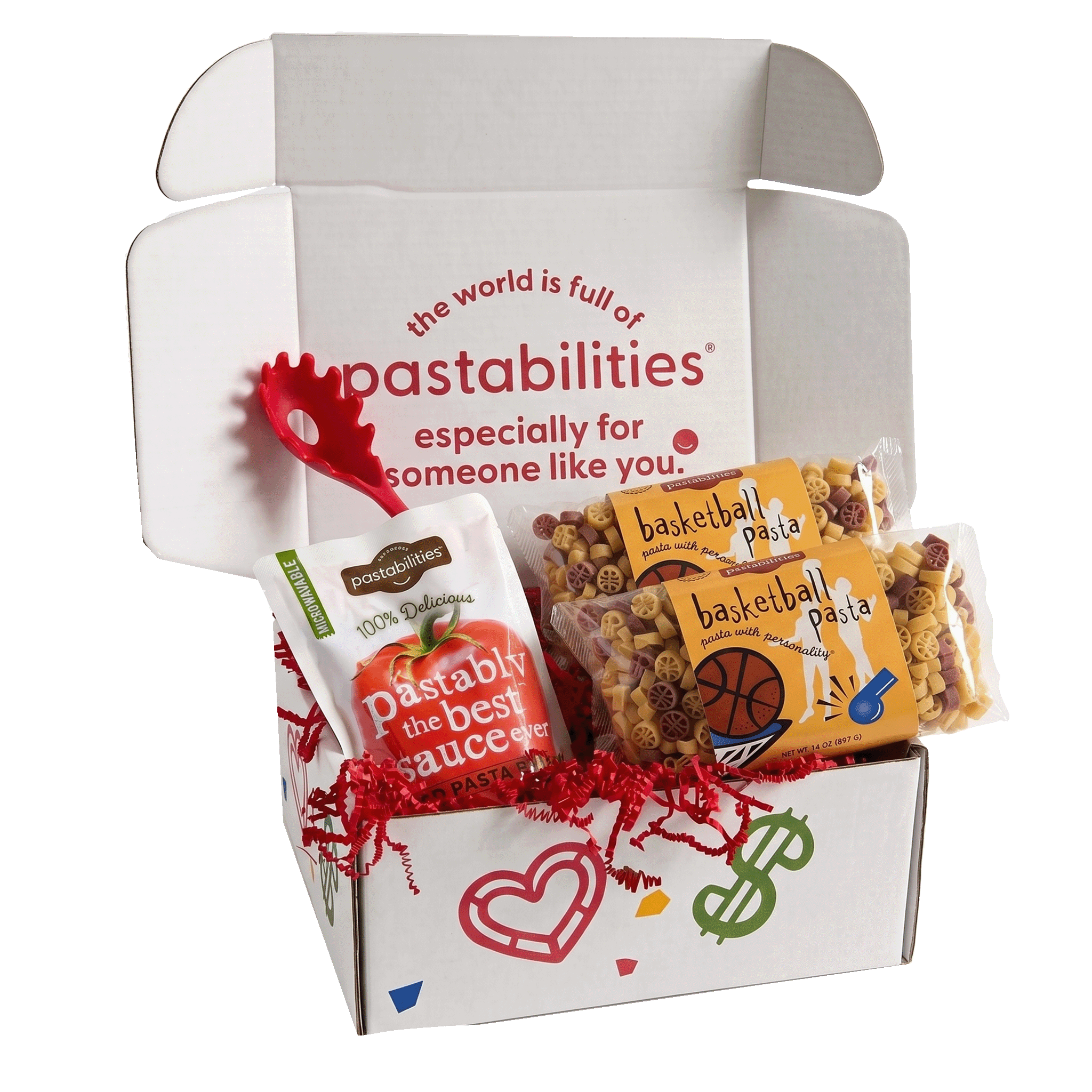 Front view of Basketball Pasta 14 oz bag showcasing orange label and tri-color basketball-shaped pasta on white background