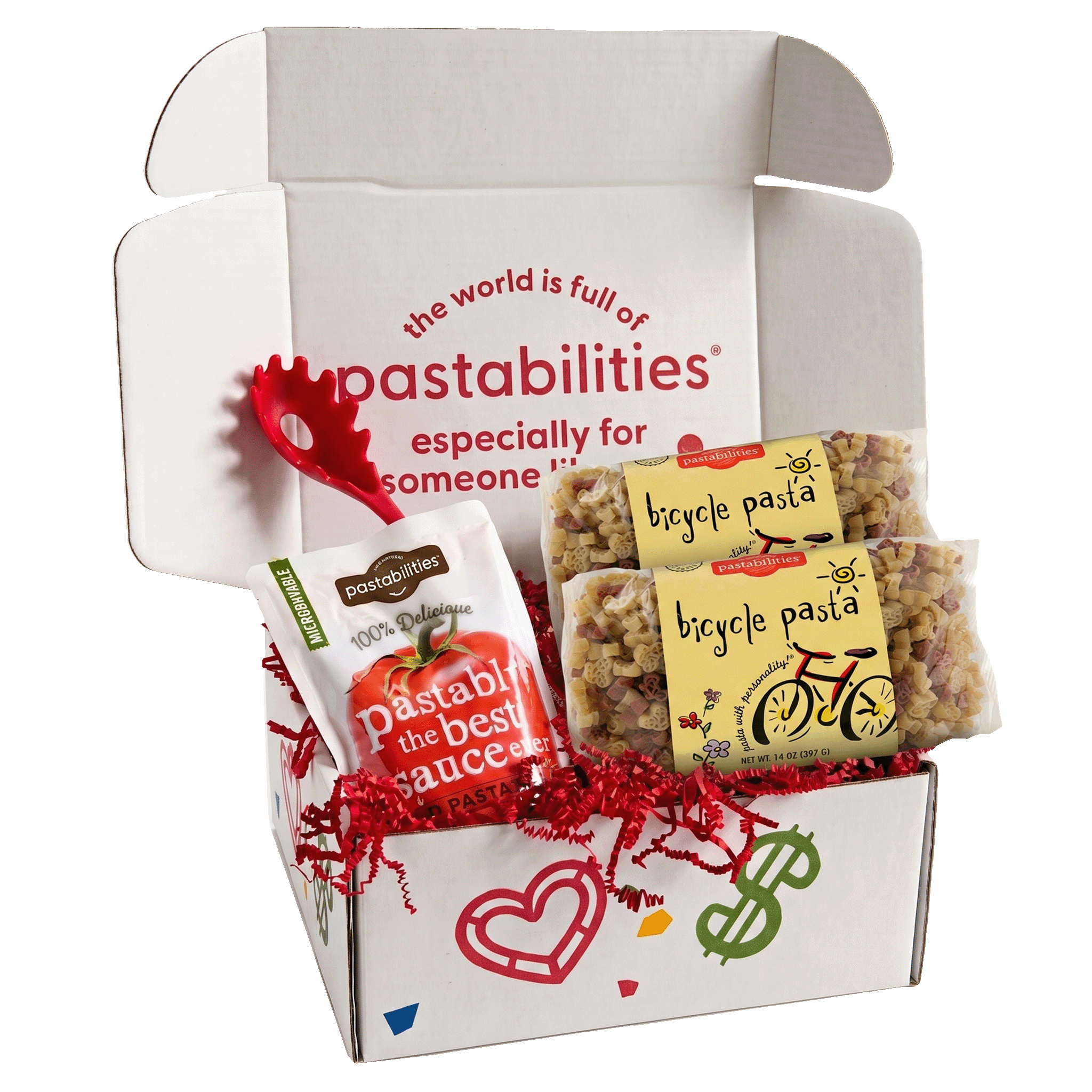 Front of two 14 oz Bicycle Pasta bags showing multicolored bicycle-shaped pasta in clear packaging on white