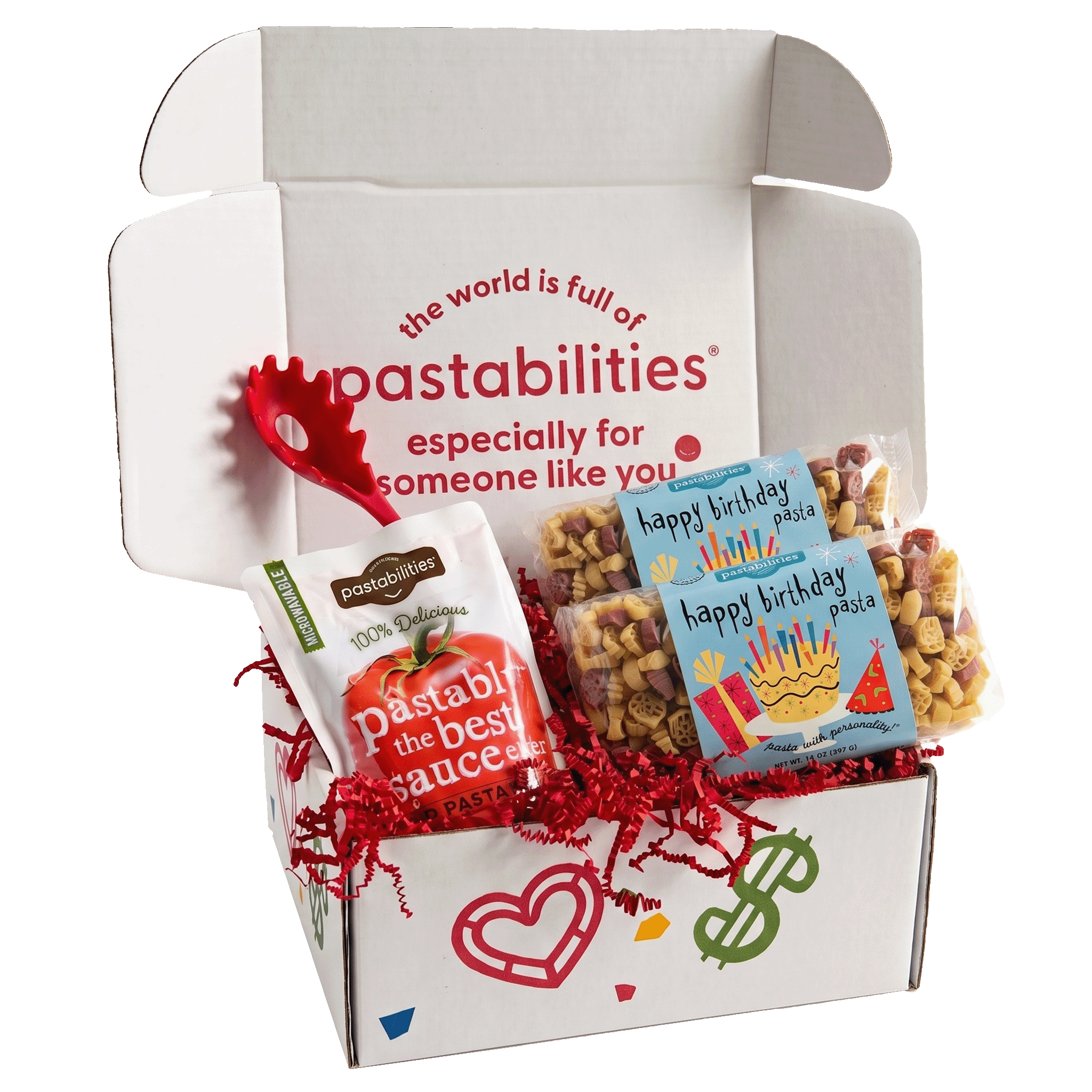 Front view of Happy Birthday Pasta 2-pack bag showcasing colorful birthday cake and present-shaped pasta on white background