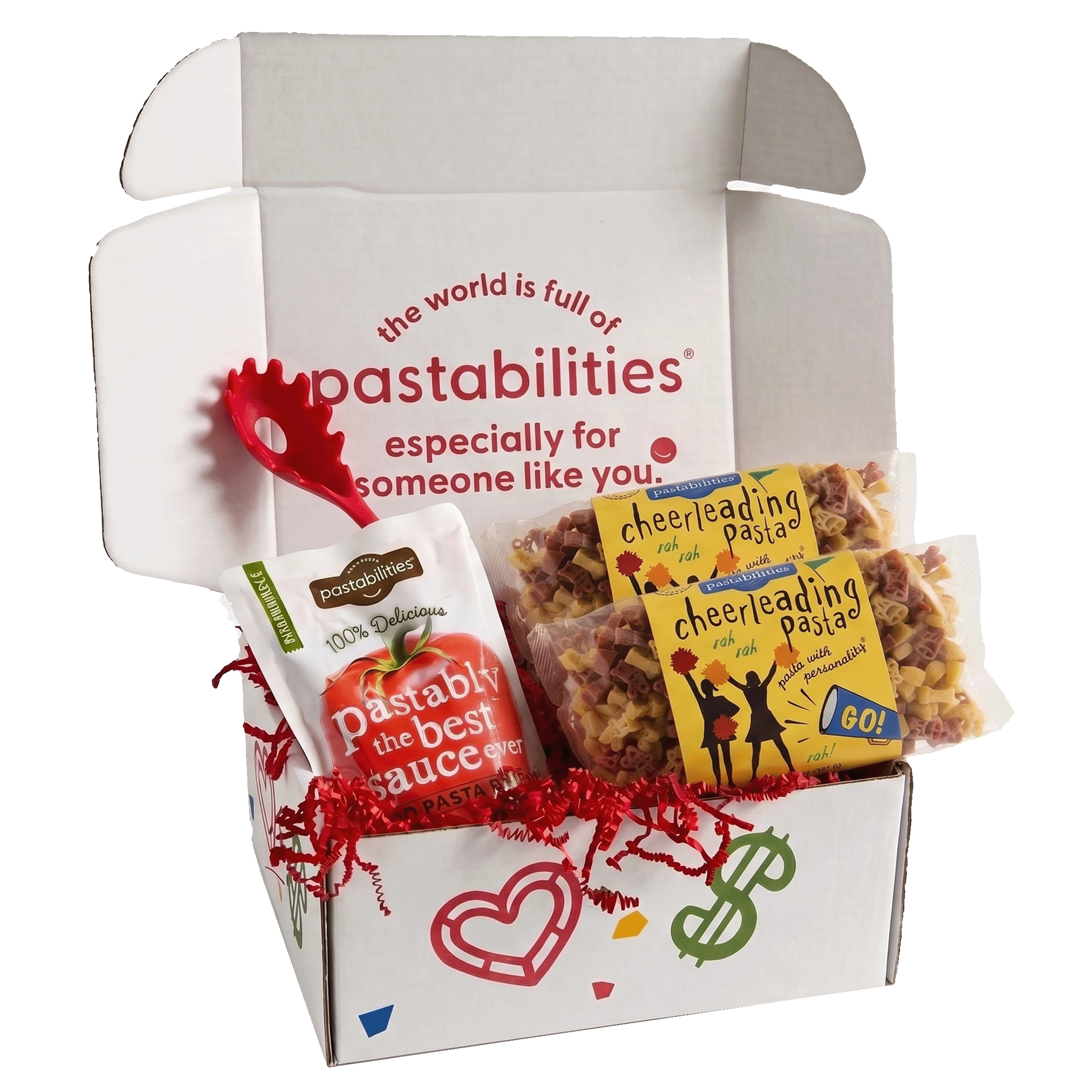 Front view of 14 oz Cheerleading Pasta bag showcasing cheerleader- and megaphone-shaped pasta with yellow label on white background