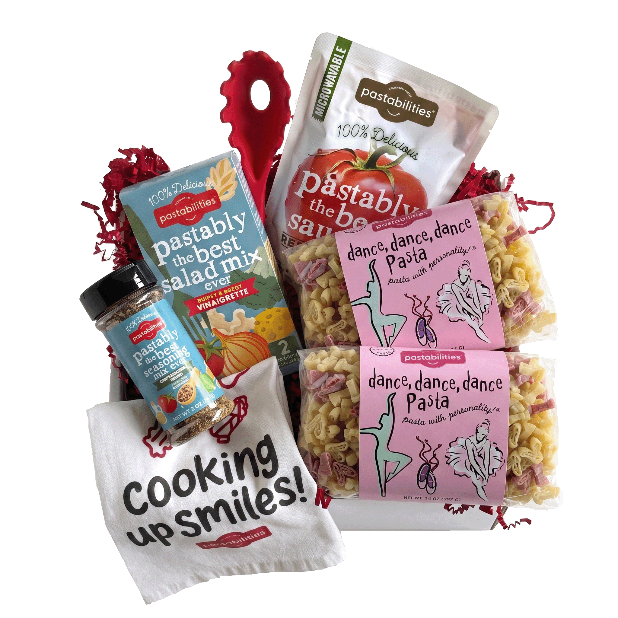 Front view of two 14 oz Dance Dance Dance pasta bags showcasing dancer-shaped pasta and pink label on white background