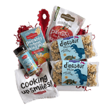 Front of Dinosaur Pasta 14 oz bag showing clear window with small dinosaur-shaped durum wheat pasta on white background