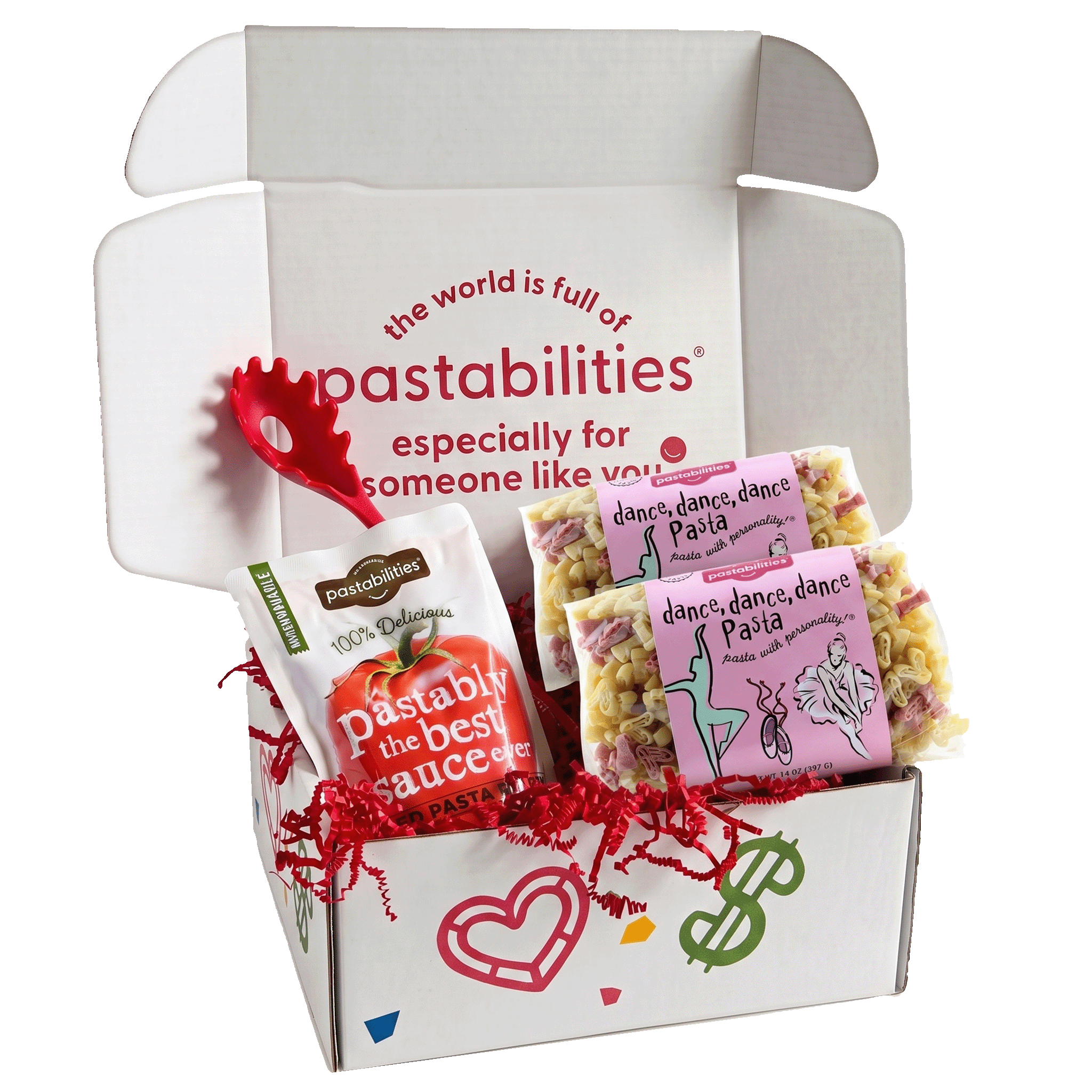 Front of two 14 oz Dance Dance Dance Pasta bags showing dancer-shaped tri-color pasta and pink label on white background