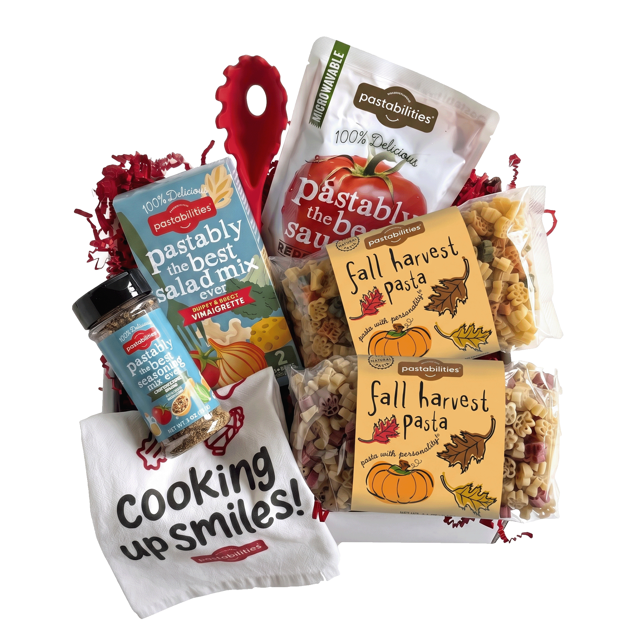 Front view of Fall Harvest Pasta 14 oz bag showcasing tricolor leaf and pumpkin shaped pasta on white background
