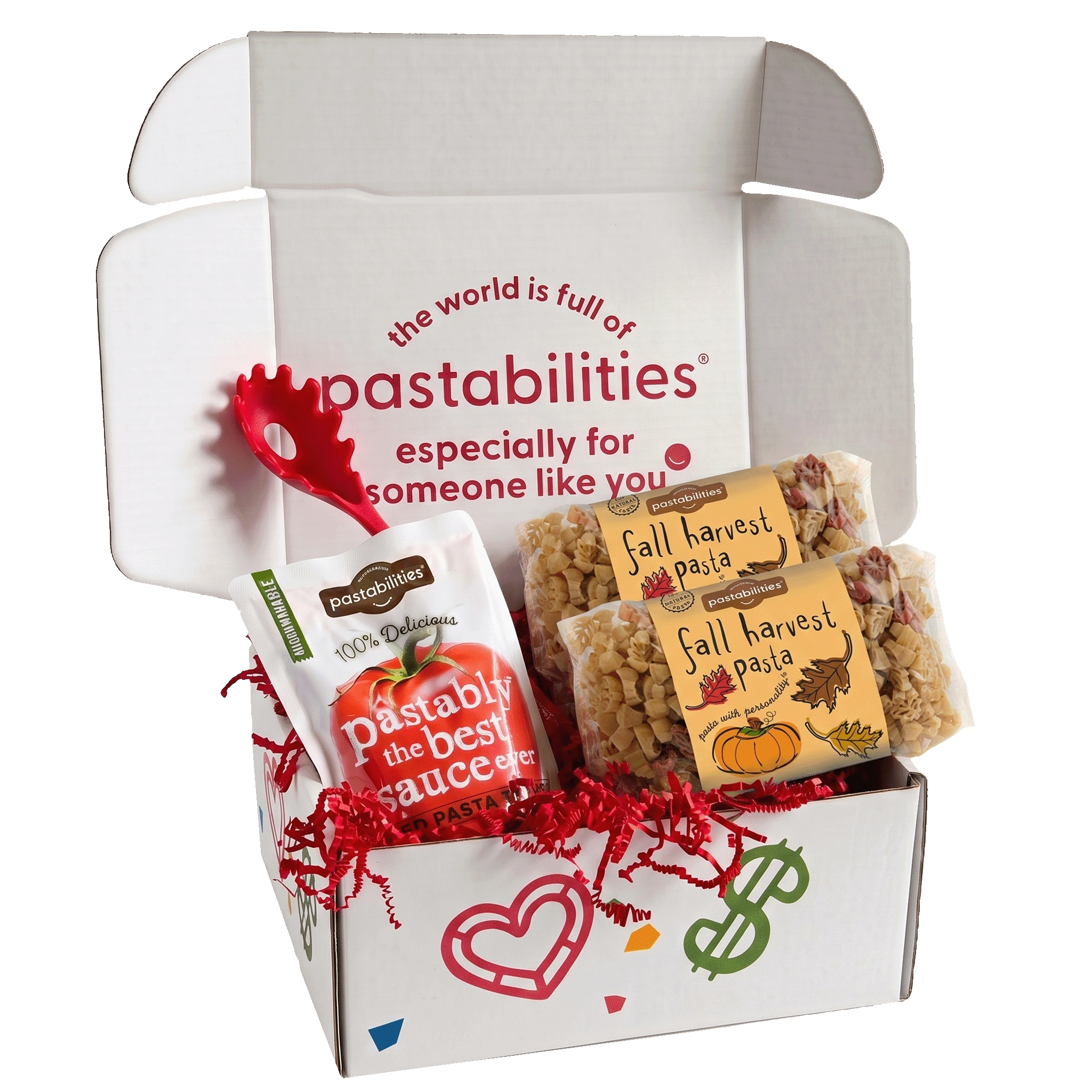 Front view of two 14 oz Fall Harvest Pasta bags showing leaf- and pumpkin-shaped tri-color pasta on white background