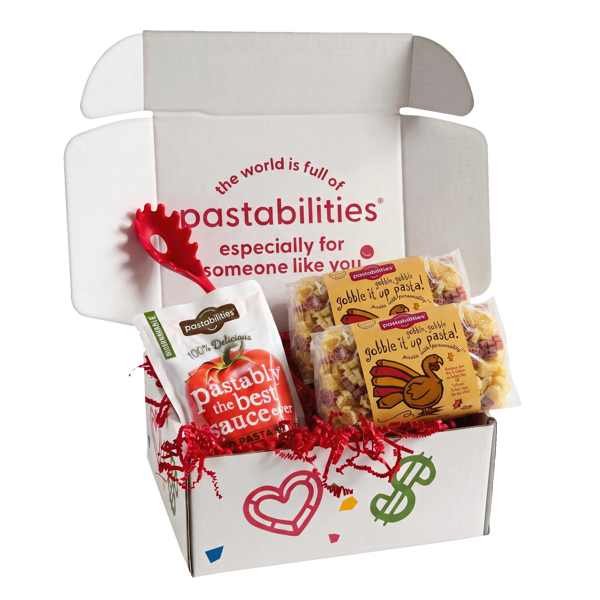 Front view of Gobble Gobble Turkey Pasta bag showcasing tri-color turkey-shaped noodles on white background