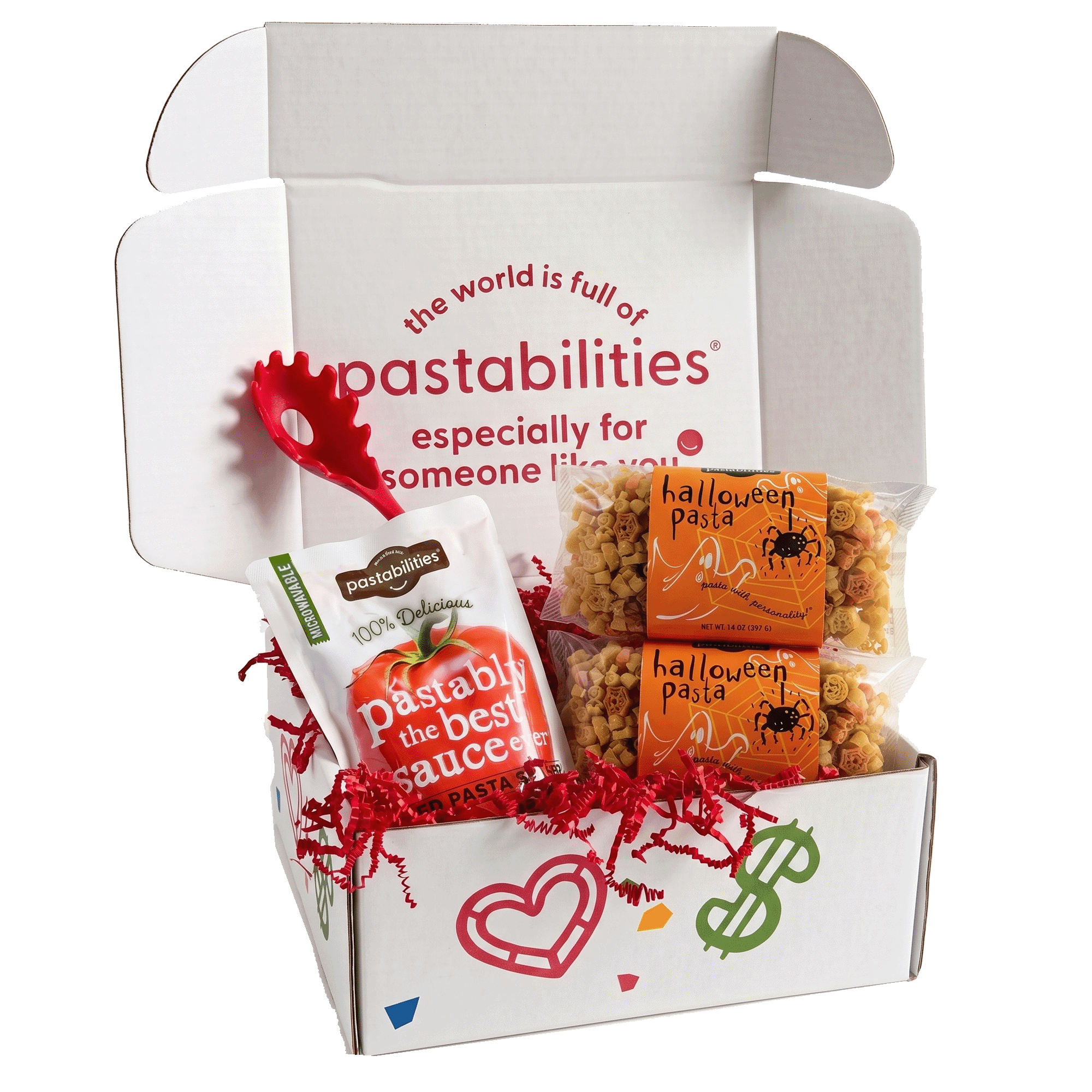 Front view of two 14 oz Halloween Pasta bags with orange label and pumpkin, ghost, and spiderweb-shaped pasta on white