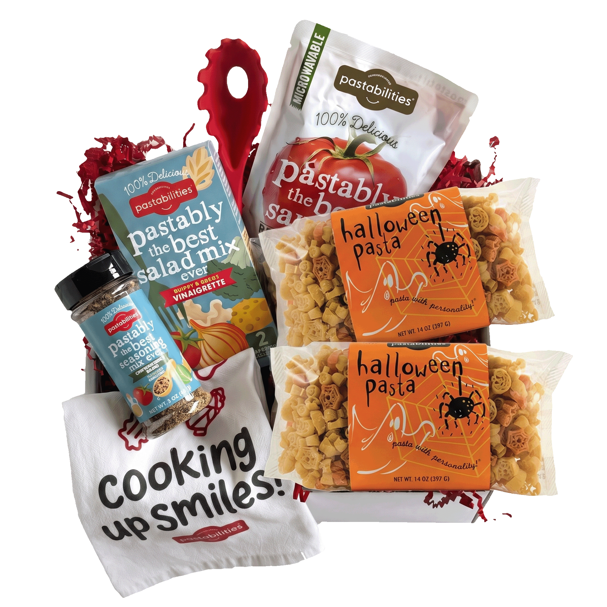 Angled view of two 14 oz Halloween Pasta bags showing pumpkin, ghost, and spider-shaped pasta on a white background