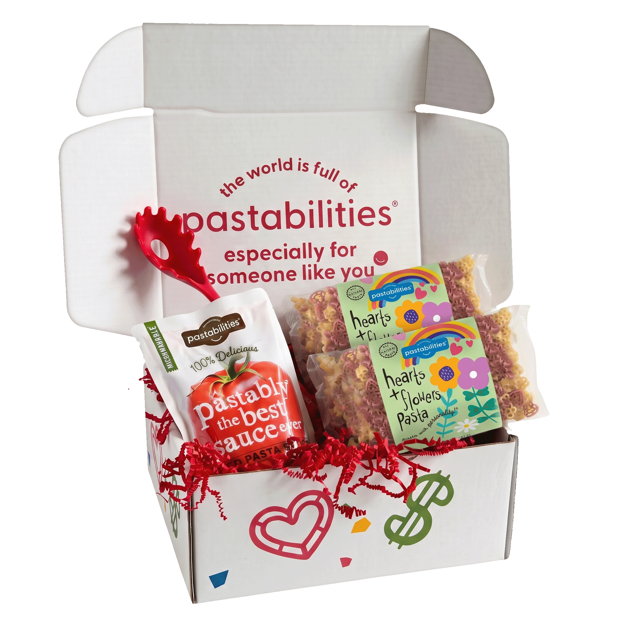 Front view of Hearts & Flowers Pasta 14 oz bag showing red heart and yellow flower-shaped noodles on white background