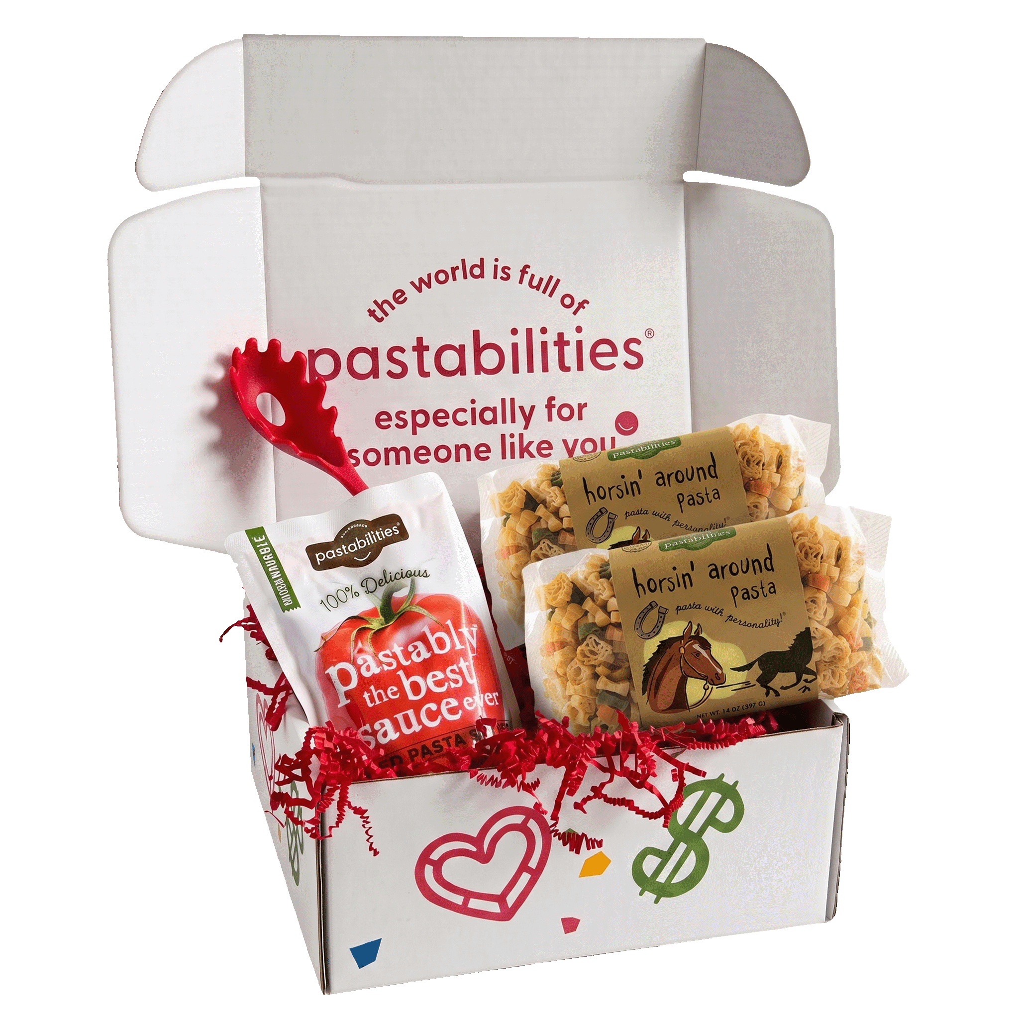 Front view of two 14 oz Horsin’ Around Pasta bags showcasing horse-shaped pasta and yellow label on white background