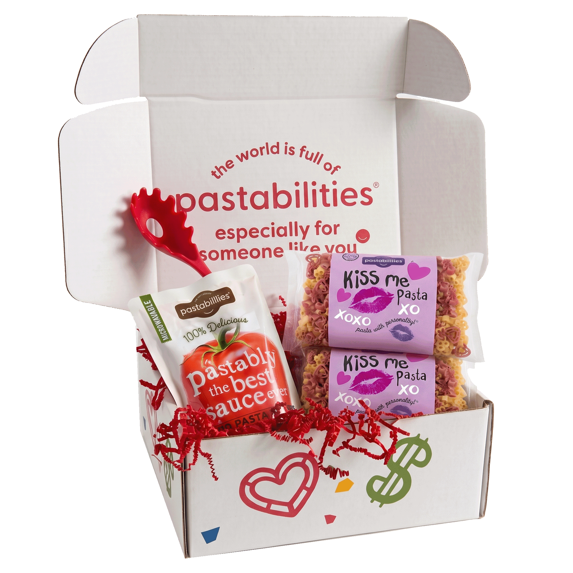 Front of 14 oz Kiss Me Pasta bag showing heart- and kiss-shaped pasta and pink label on white background