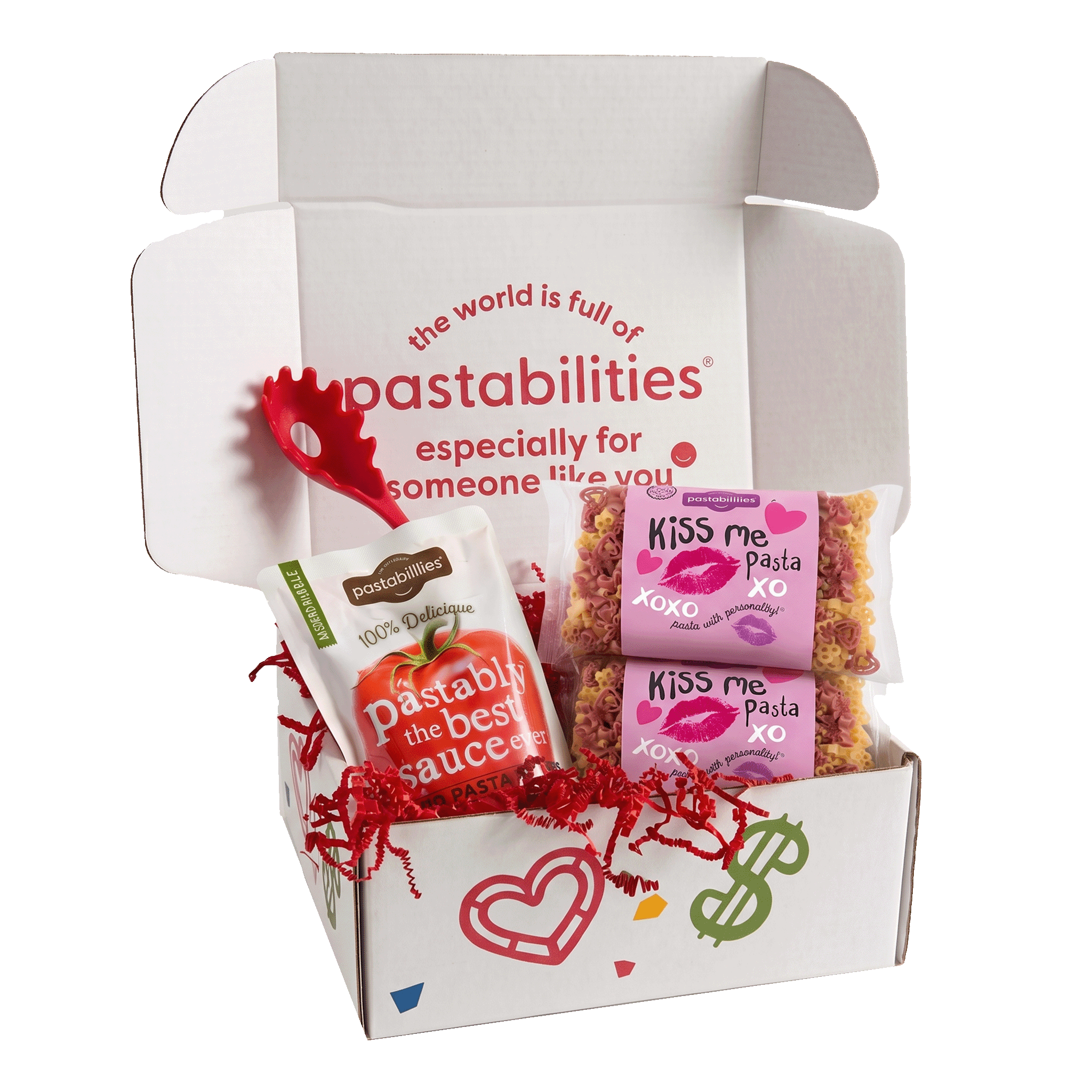 Front view of two 14 oz Kiss Me Pasta bags showing pink label and tri-color heart- and kiss-shaped pasta on white background