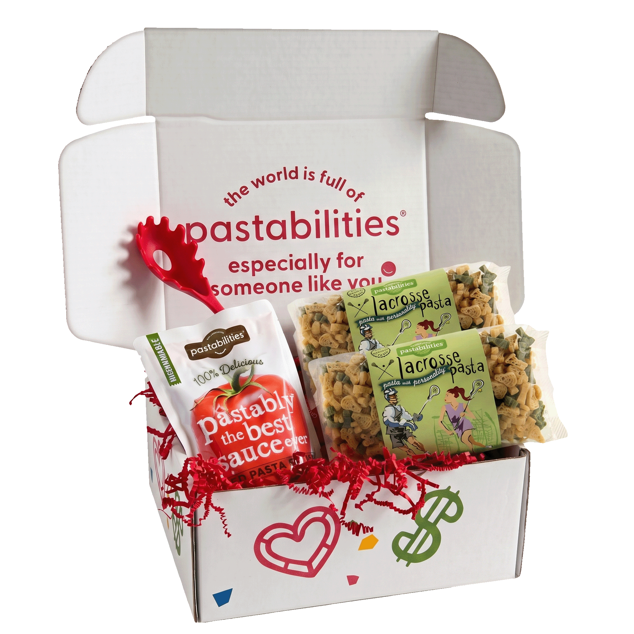 Front view of Lacrosse Pasta 2-pack showing green and tan lacrosse-shaped noodles and product label on white background
