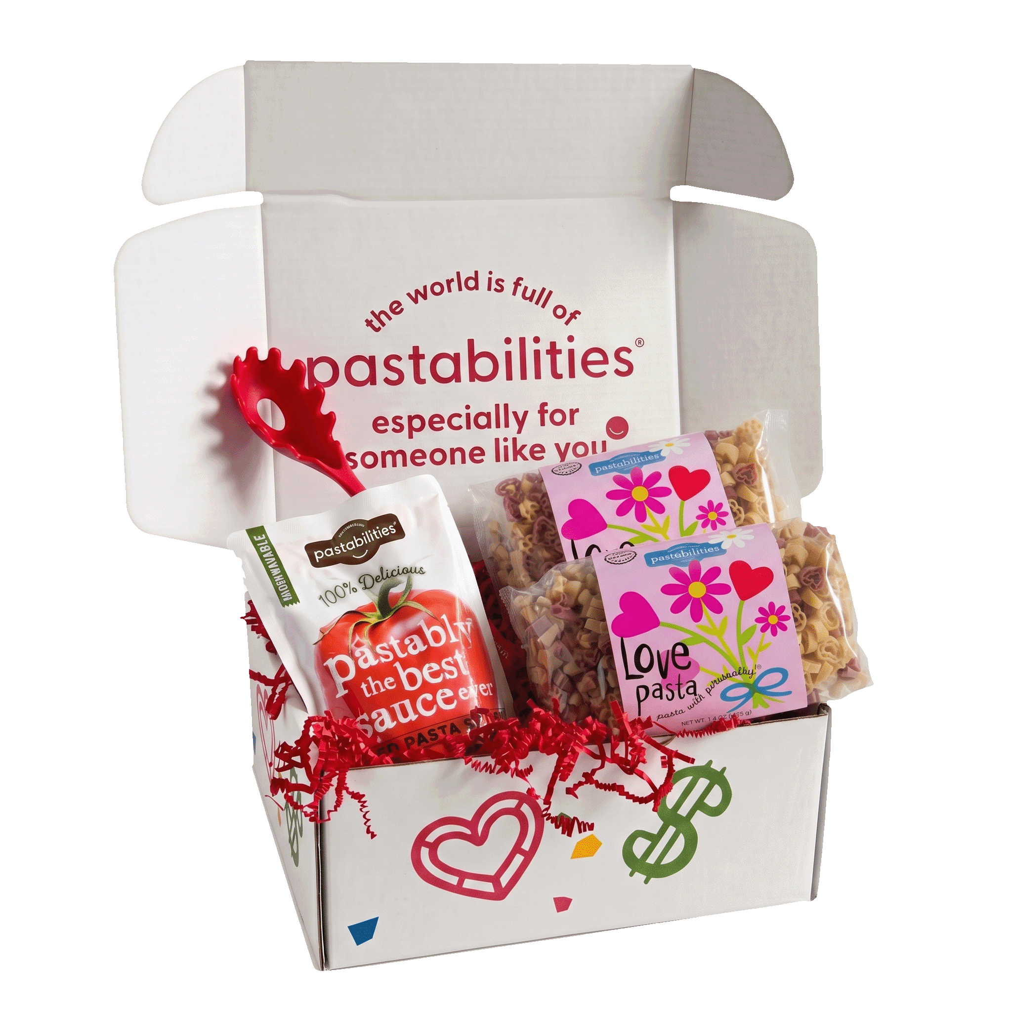 Front view of two Love Pasta 14 oz bags showcasing heart- and flower-shaped pasta with white background