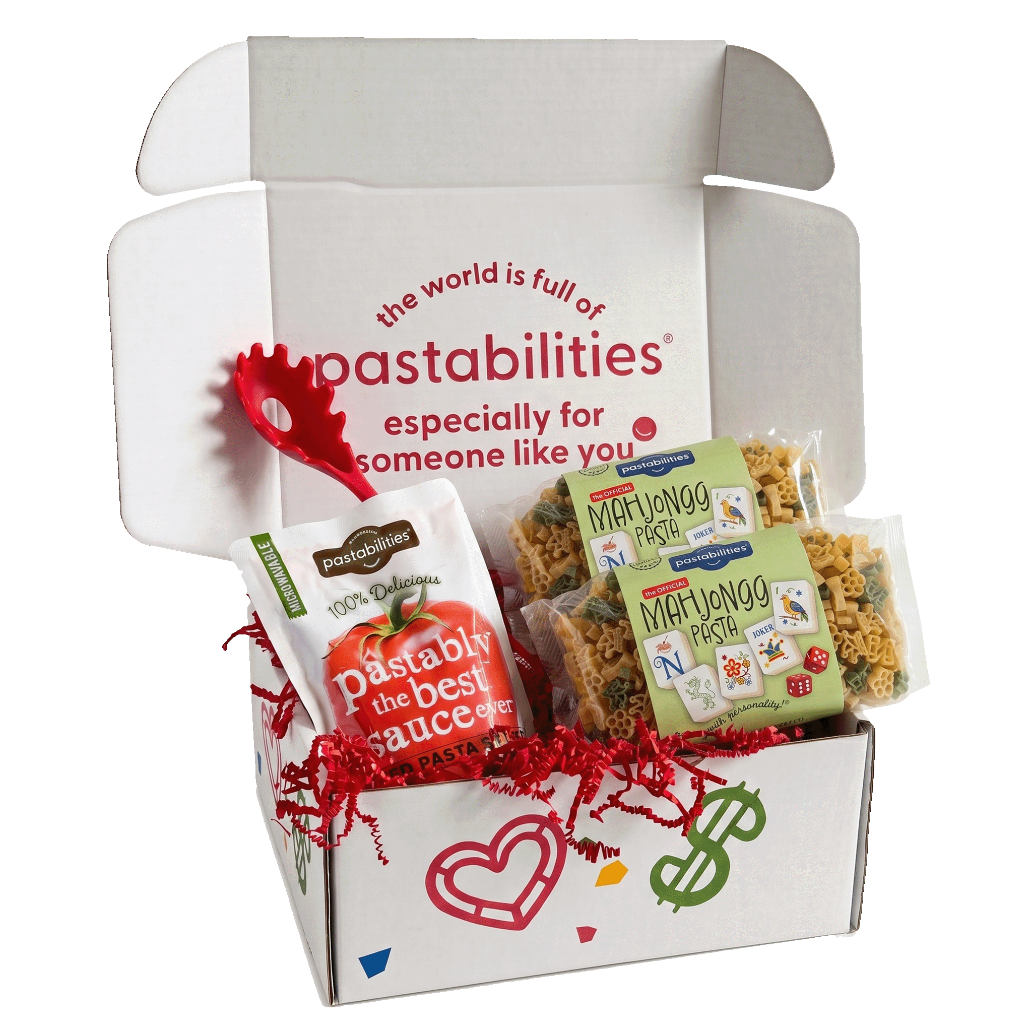 Front view of Mah Jongg Pasta bag showing green Pastabilities label and mahjong-tile shaped yellow and green pasta on white background