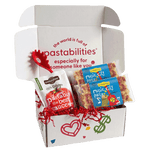 Front view of Music City Pasta bag showcasing red and yellow guitar and musical-note shaped pasta on white background