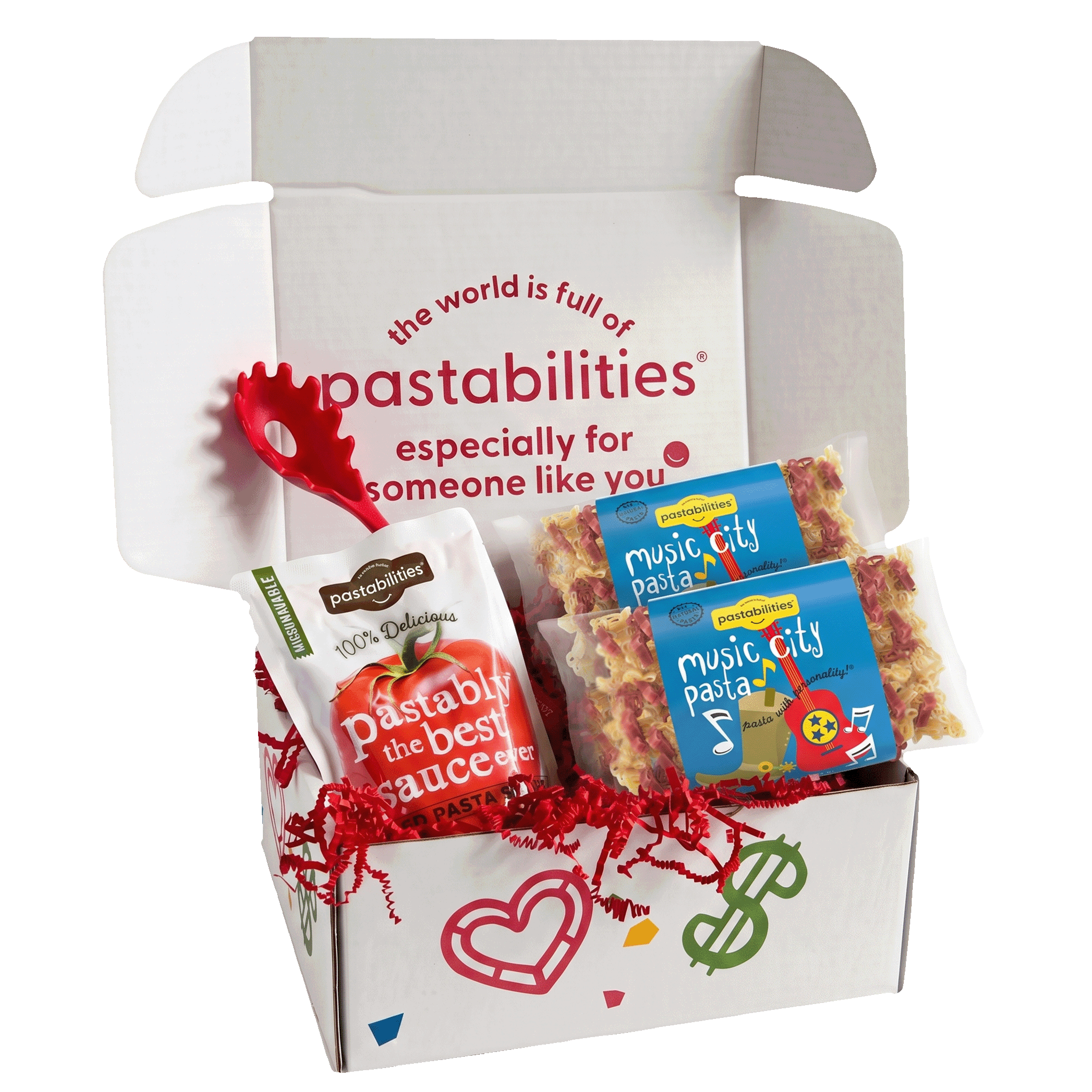 Front view of Music City Pasta bag showcasing red and yellow guitar and musical-note shaped pasta on white background