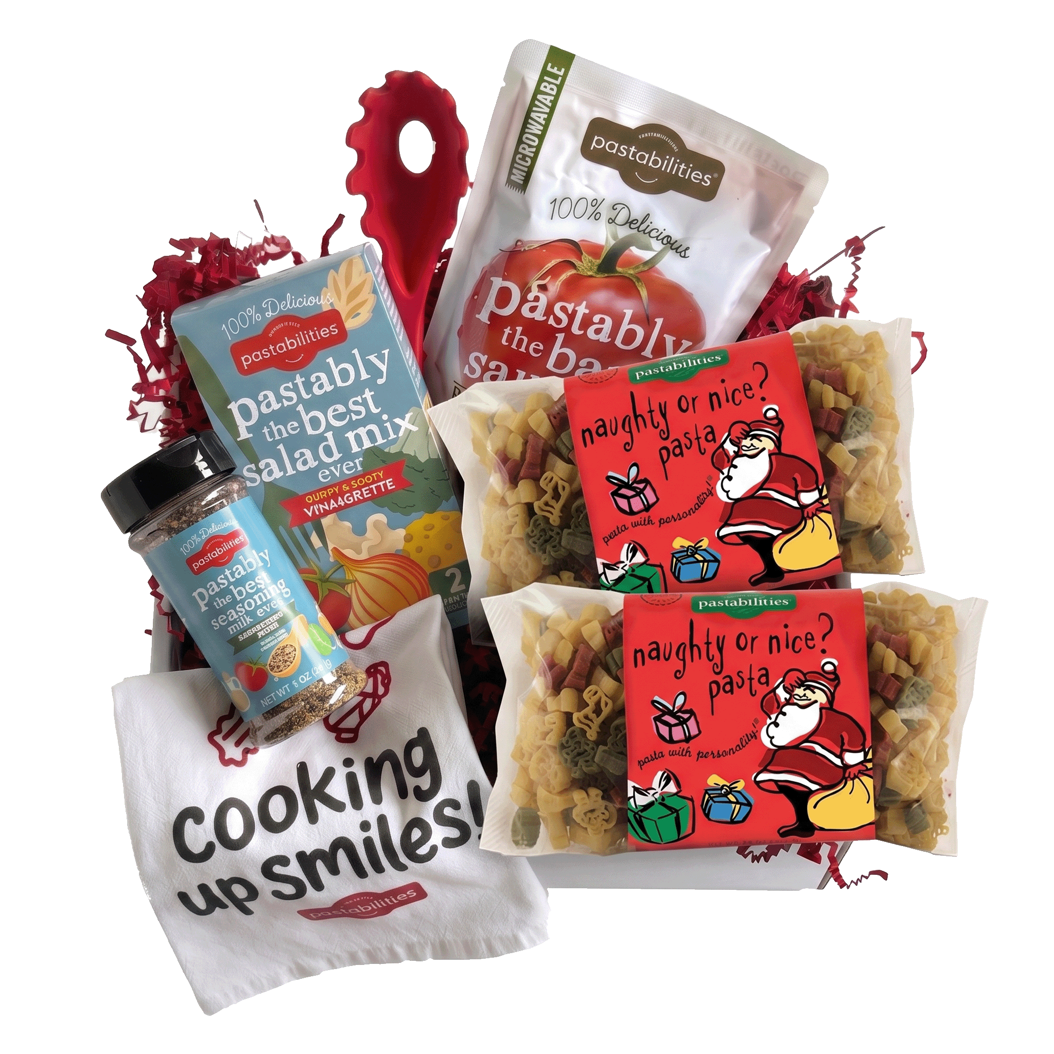 Front of Naughty or Nice Pasta 14 oz bag showcasing mixed holiday-shaped pasta with red label on white background