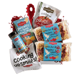 Front of 14 oz Peace Love and Happiness pasta bag showing multicolored peace and heart shaped pasta with turquoise label