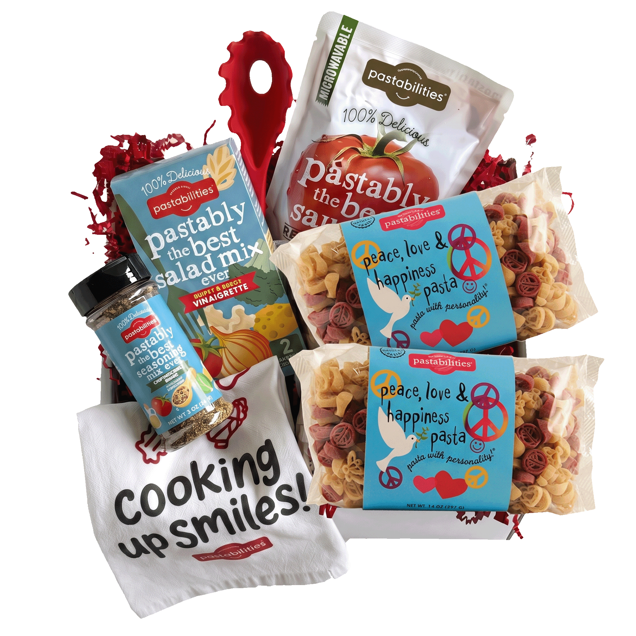 Front of 14 oz Peace Love and Happiness pasta bag showing multicolored peace and heart shaped pasta with turquoise label