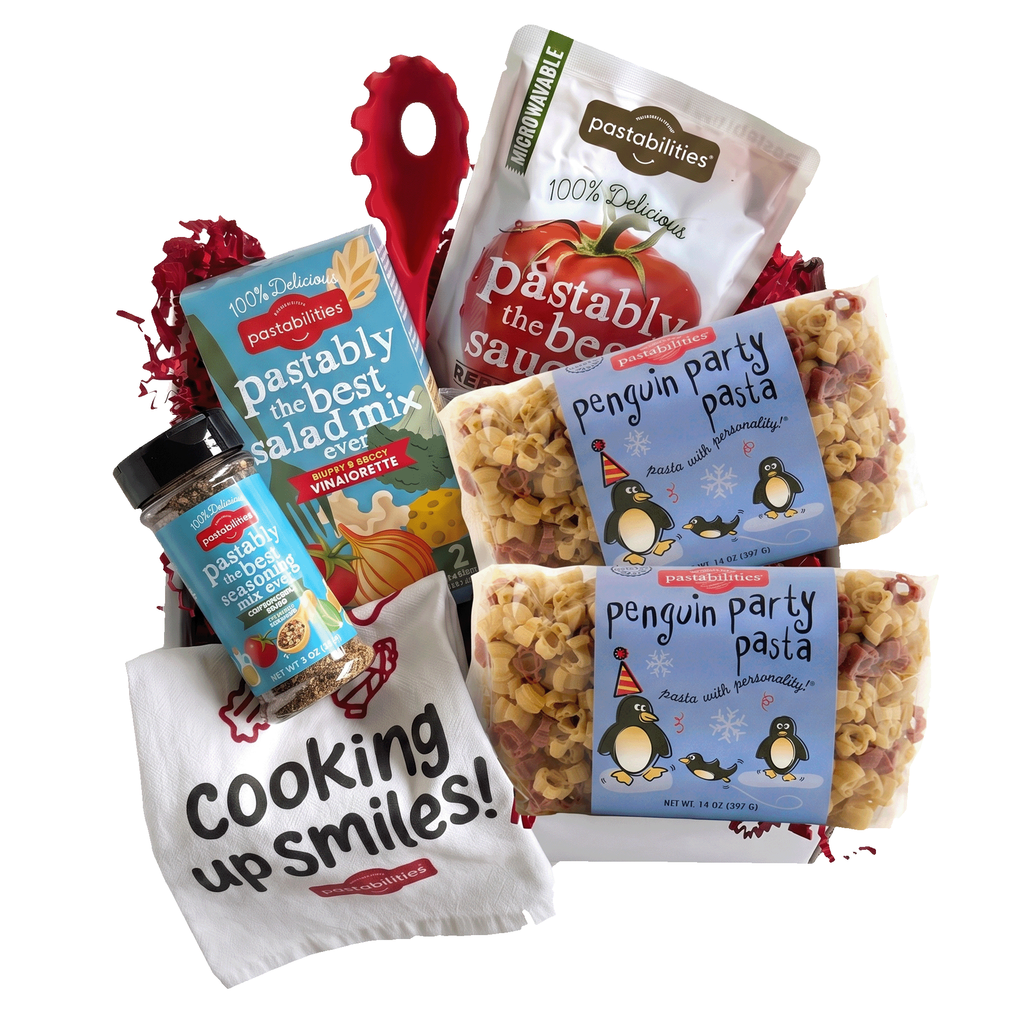 Front view of Penguin Party Pasta 14 oz showing penguin-shaped durum wheat pasta and Pastabilities label on white background