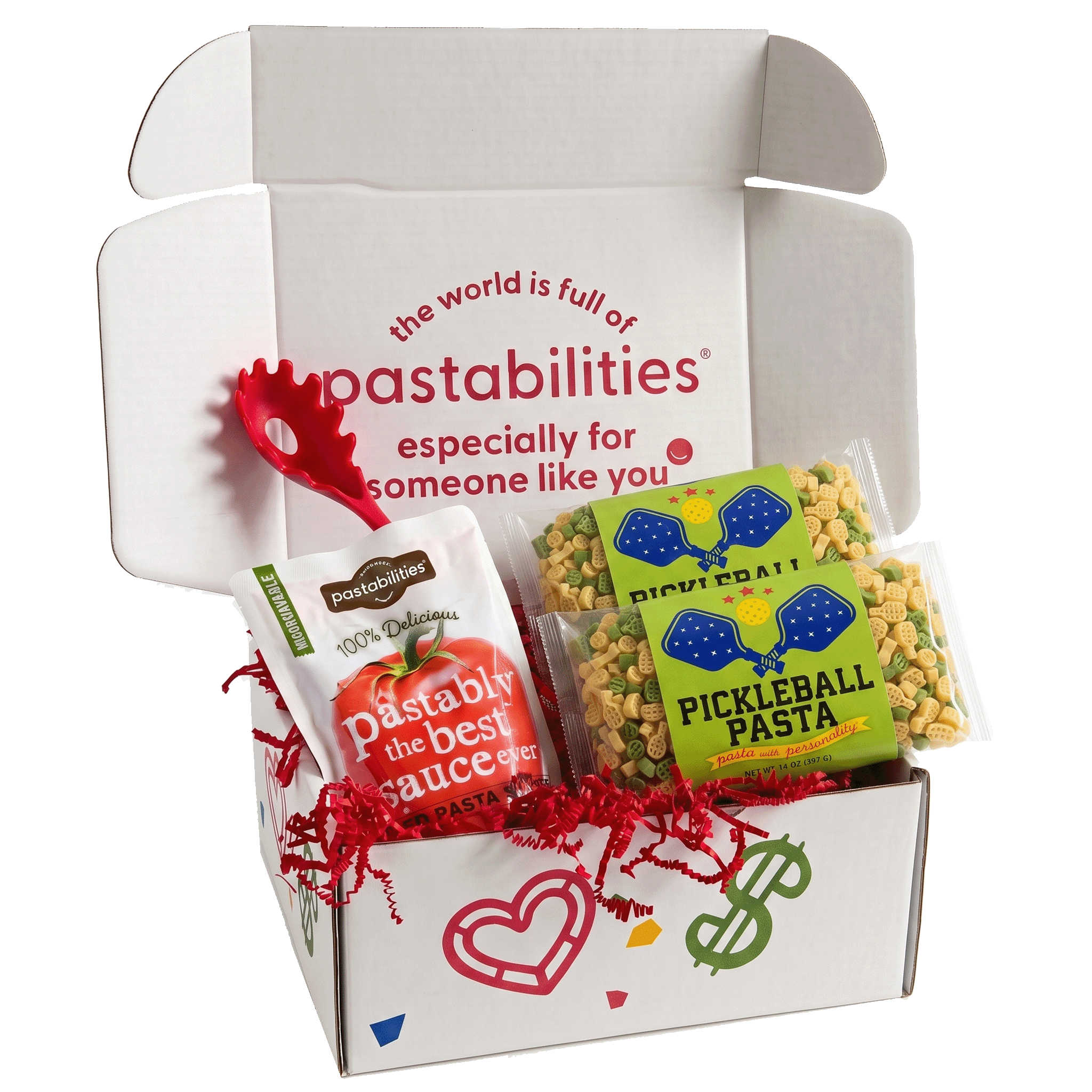 Front view of Pickleball Pasta bag showing green label and orange and green pasta pieces on white background