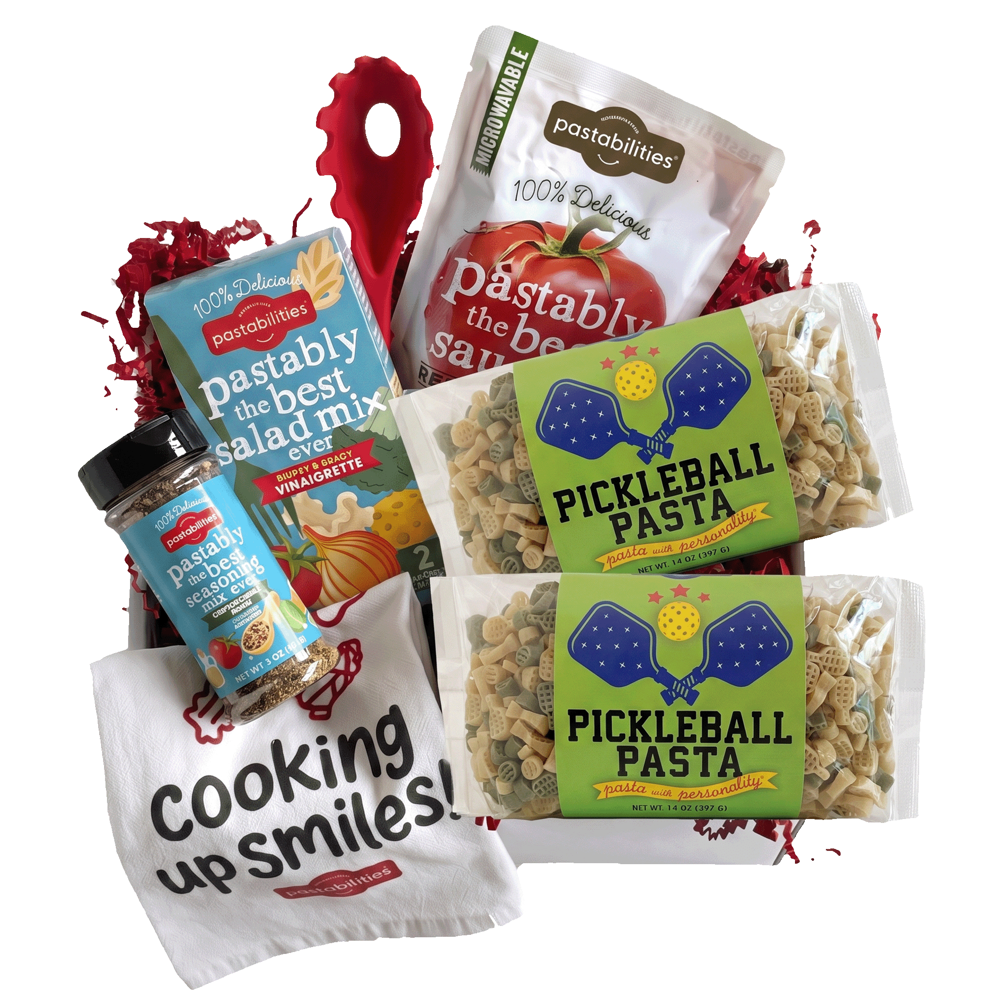Front view of Pickleball Pasta 14 oz bag showcasing green label and orange and green pickleball-shaped pasta on white background