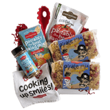 Angled view of Pirate Pasta 14 oz bag showcasing blue pirate label with skull artwork and red and yellow novelty-shaped pasta on white background