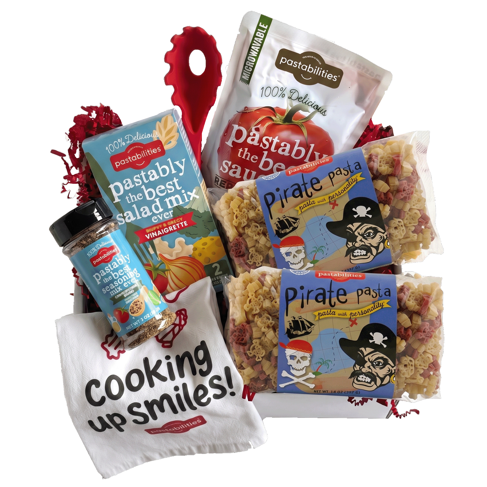 Angled view of Pirate Pasta 14 oz bag showcasing blue pirate label with skull artwork and red and yellow novelty-shaped pasta on white background