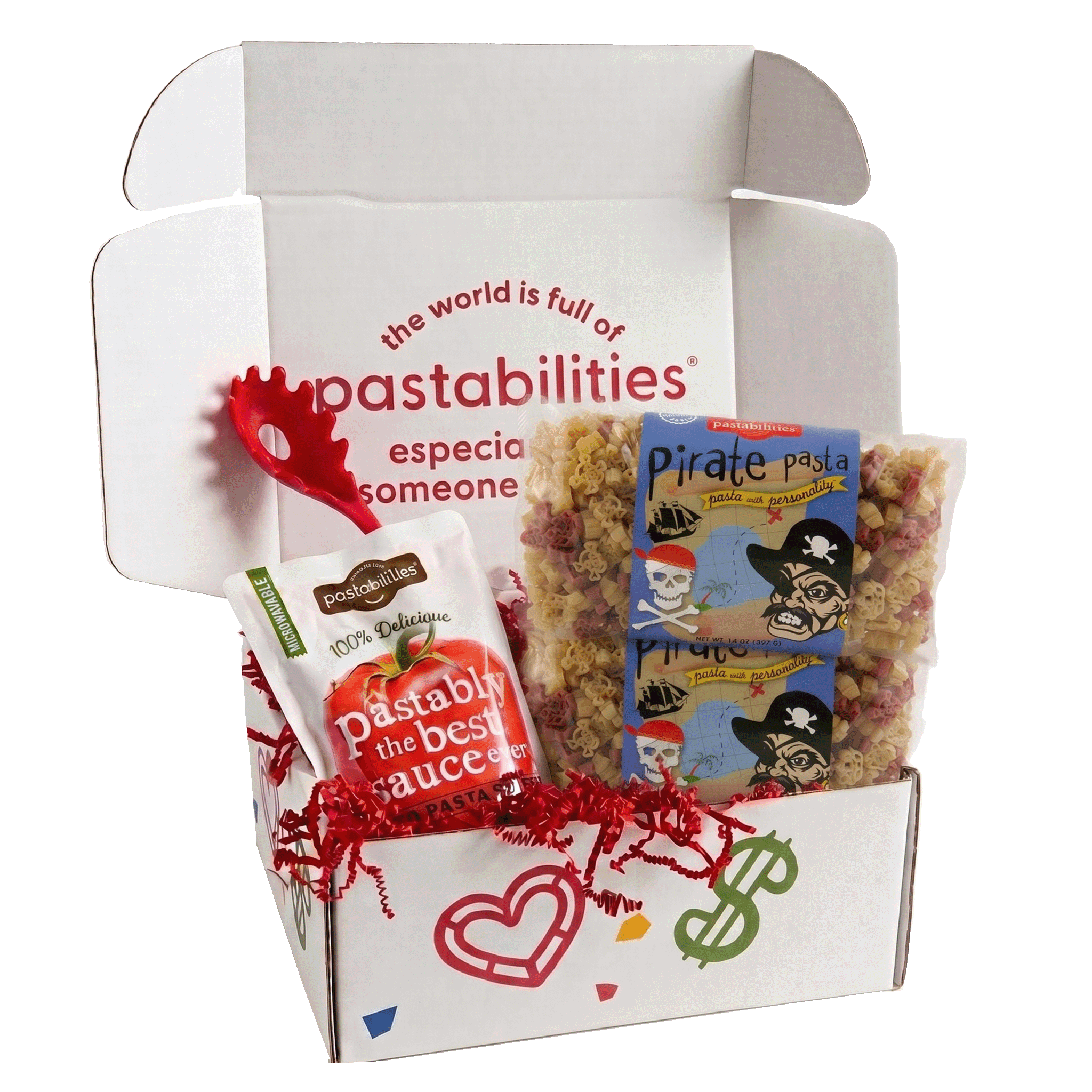 Angled view of Pirate Pasta 14 oz bag showing pirate-themed blue packaging and red and yellow pasta on white background