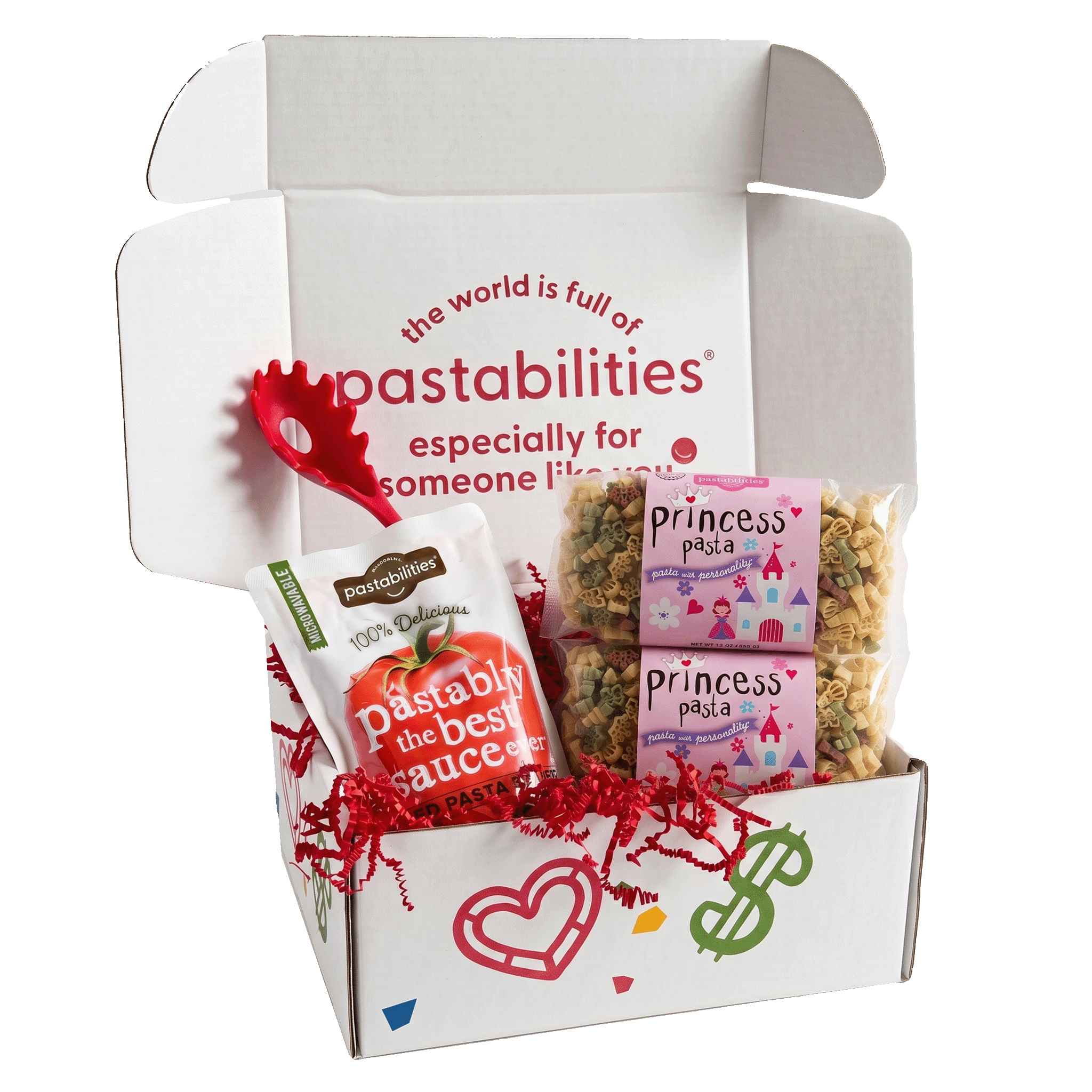 Front view of Princess Pasta 2-pack showing pink Princess Pasta label and crown- and castle-shaped noodles on white background