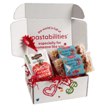 Front view of 14 oz Peace Love & Happiness pasta bag showcasing turquoise label and multicolored peace and heart-shaped pasta