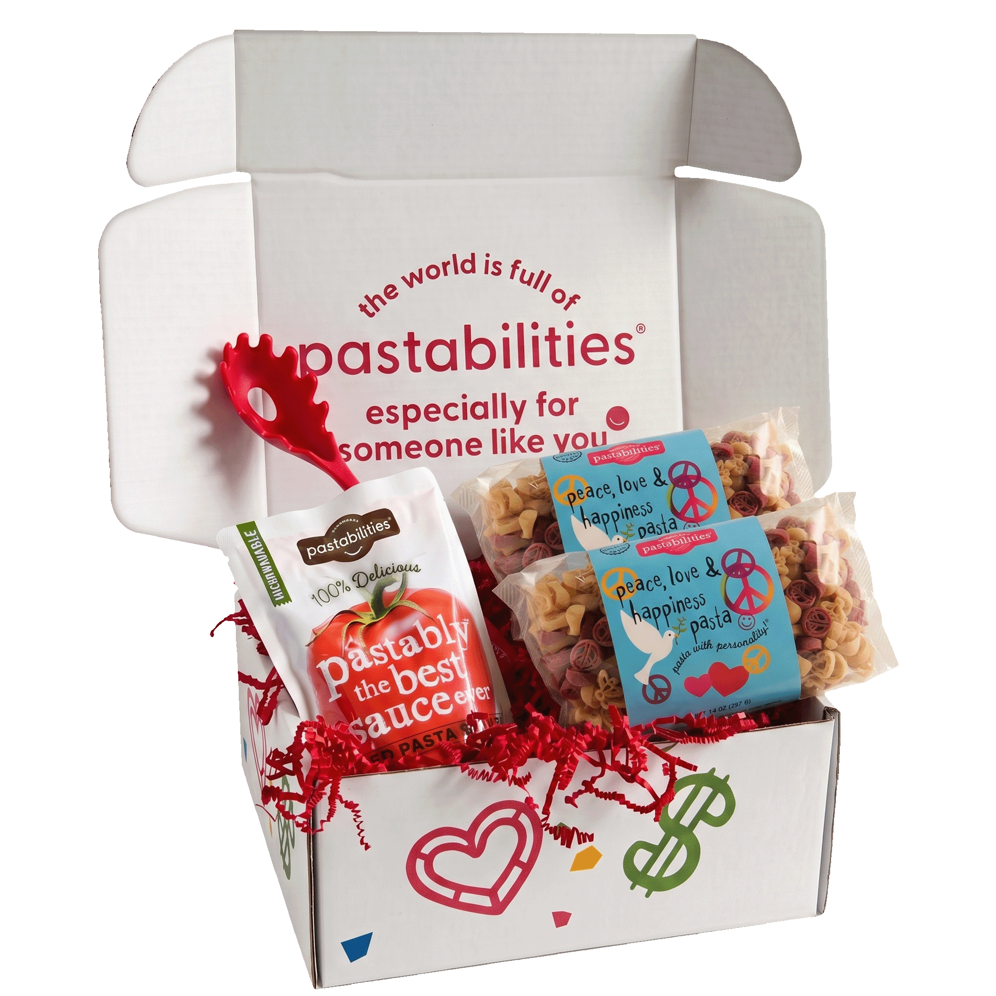 Front view of 14 oz Peace Love & Happiness pasta bag showcasing turquoise label and multicolored peace and heart-shaped pasta